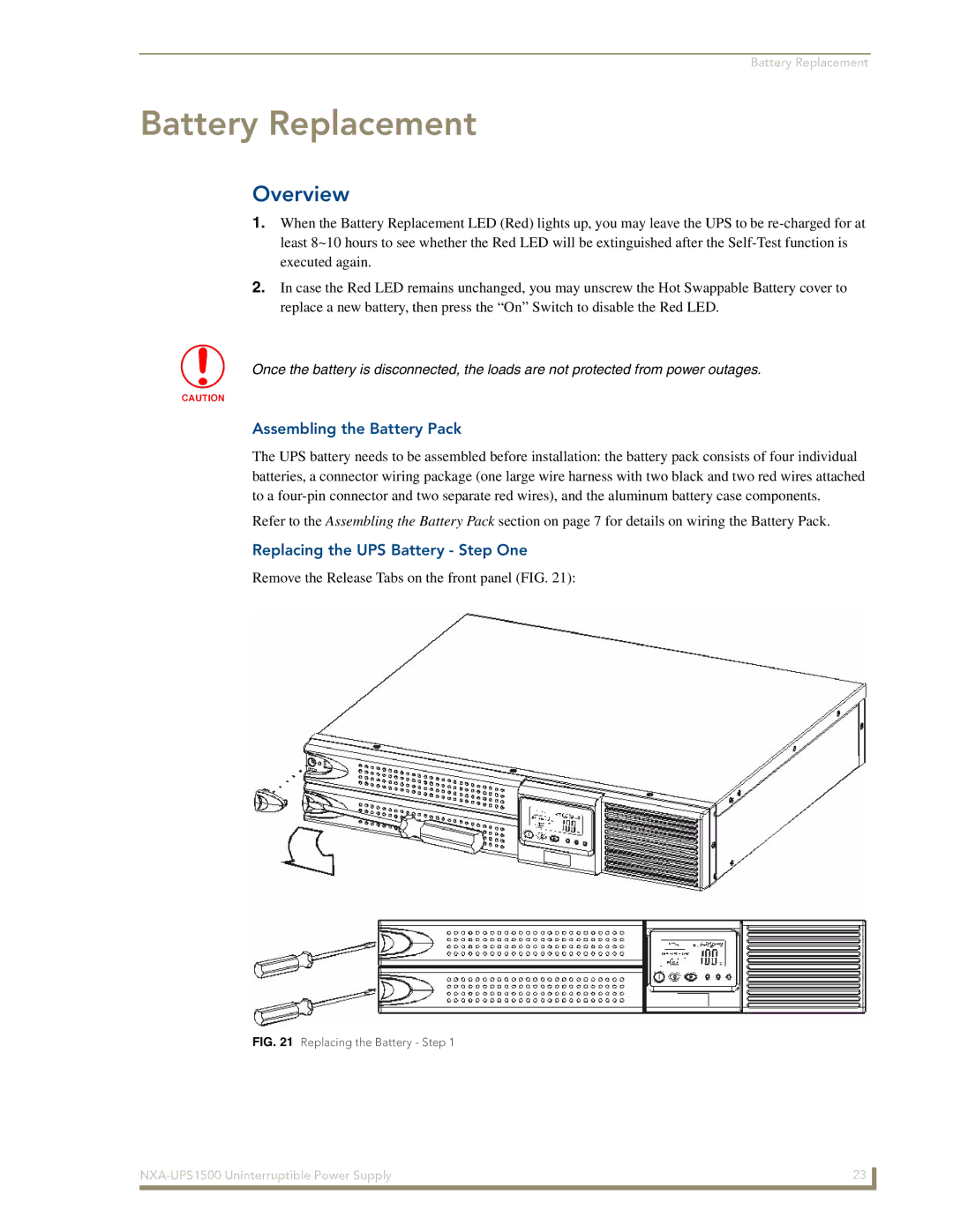 AMX NXA-UPS1500 manual Battery Replacement, Assembling the Battery Pack, Replacing the UPS Battery Step One 