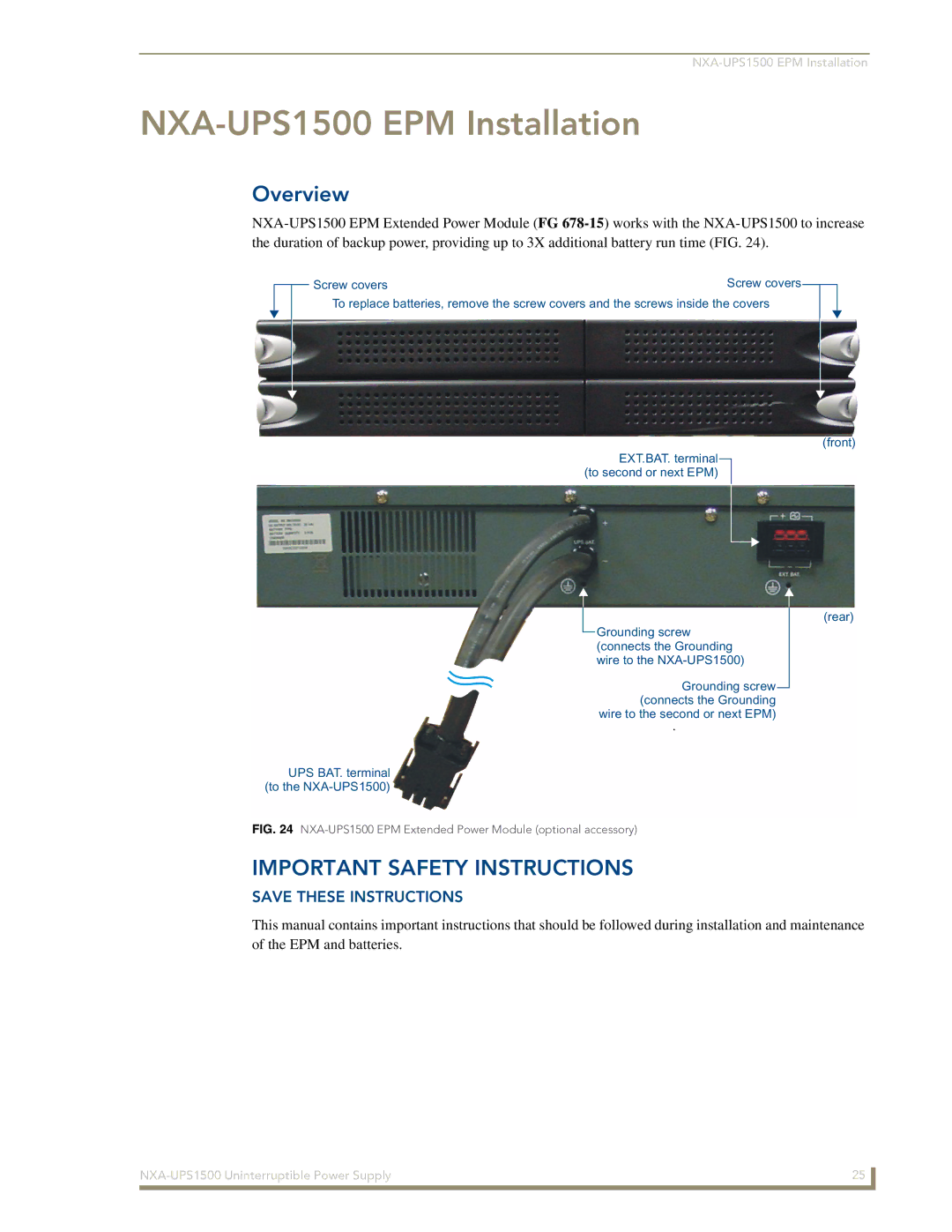 AMX manual NXA-UPS1500 EPM Installation, Important Safety Instructions 