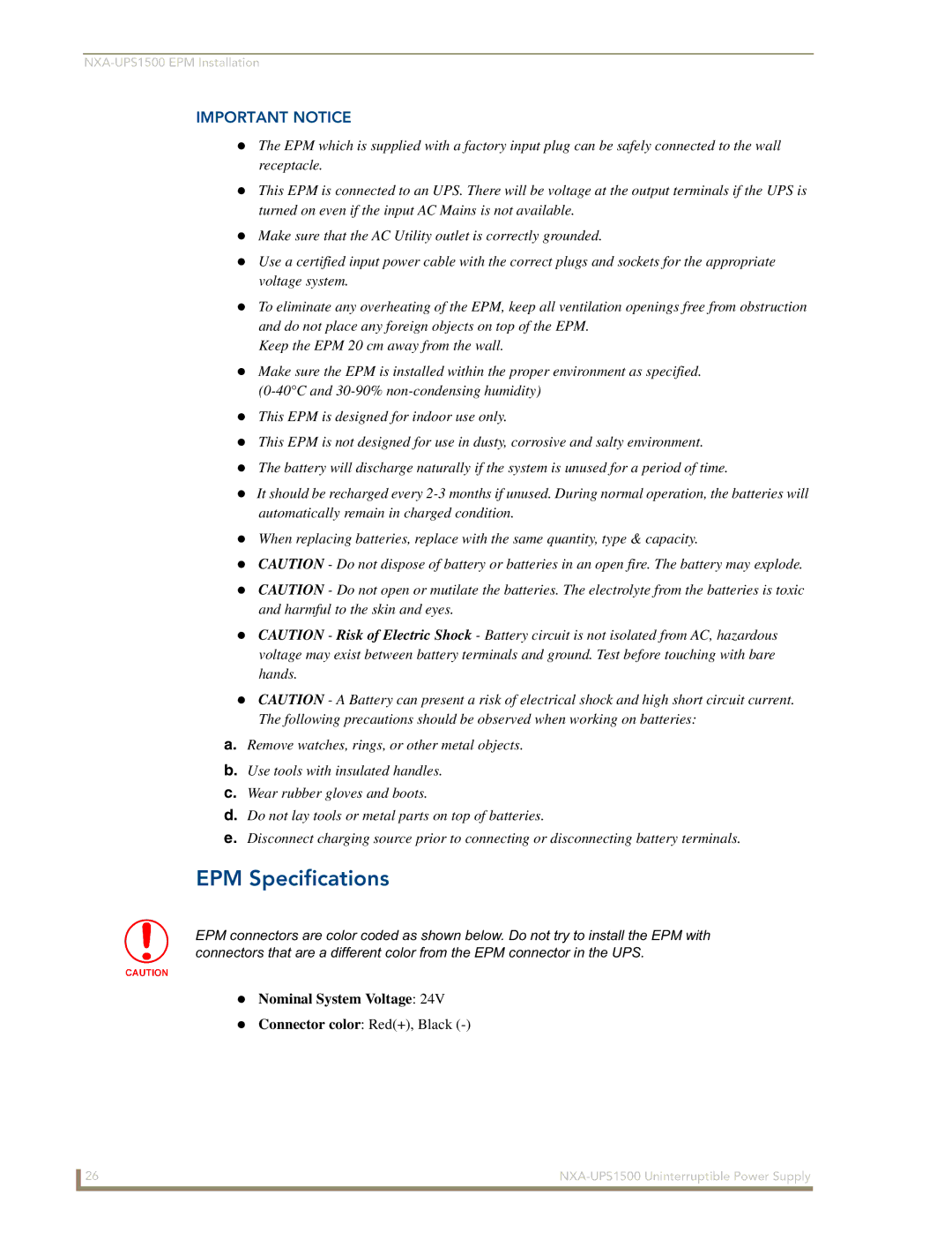 AMX NXA-UPS1500 manual EPM Specifications, Important Notice 