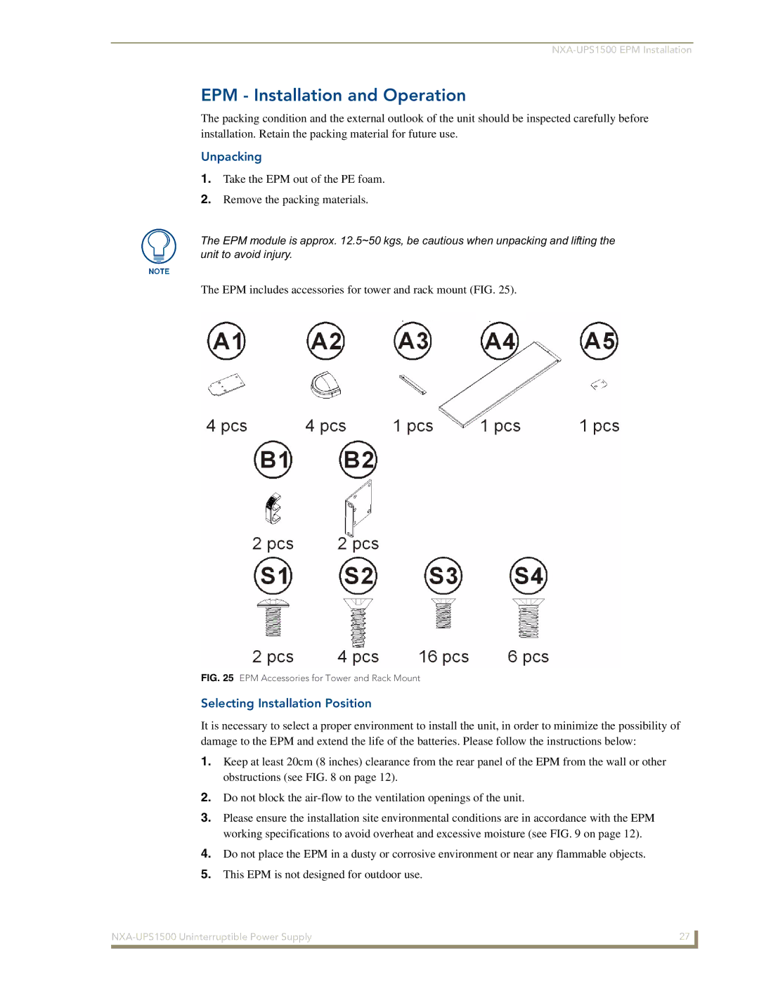 AMX NXA-UPS1500 manual EPM Installation and Operation, Unpacking, Selecting Installation Position 
