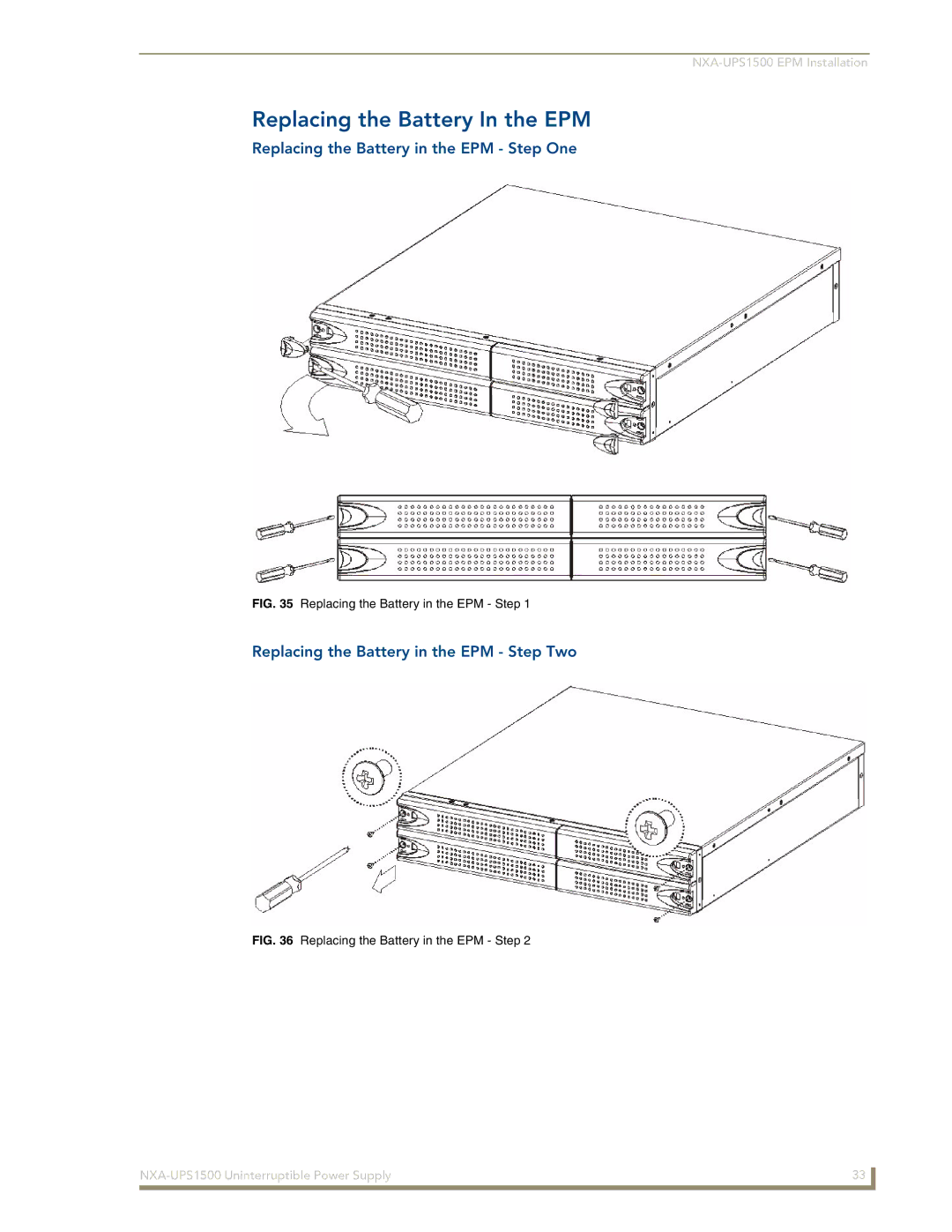 AMX NXA-UPS1500 manual Replacing the Battery In the EPM, Replacing the Battery in the EPM Step One 