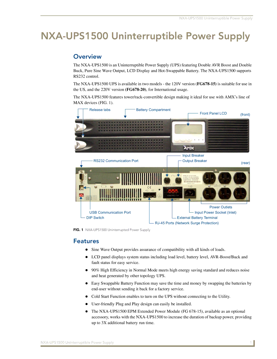 AMX manual NXA-UPS1500 Uninterruptible Power Supply, Overview, Features 