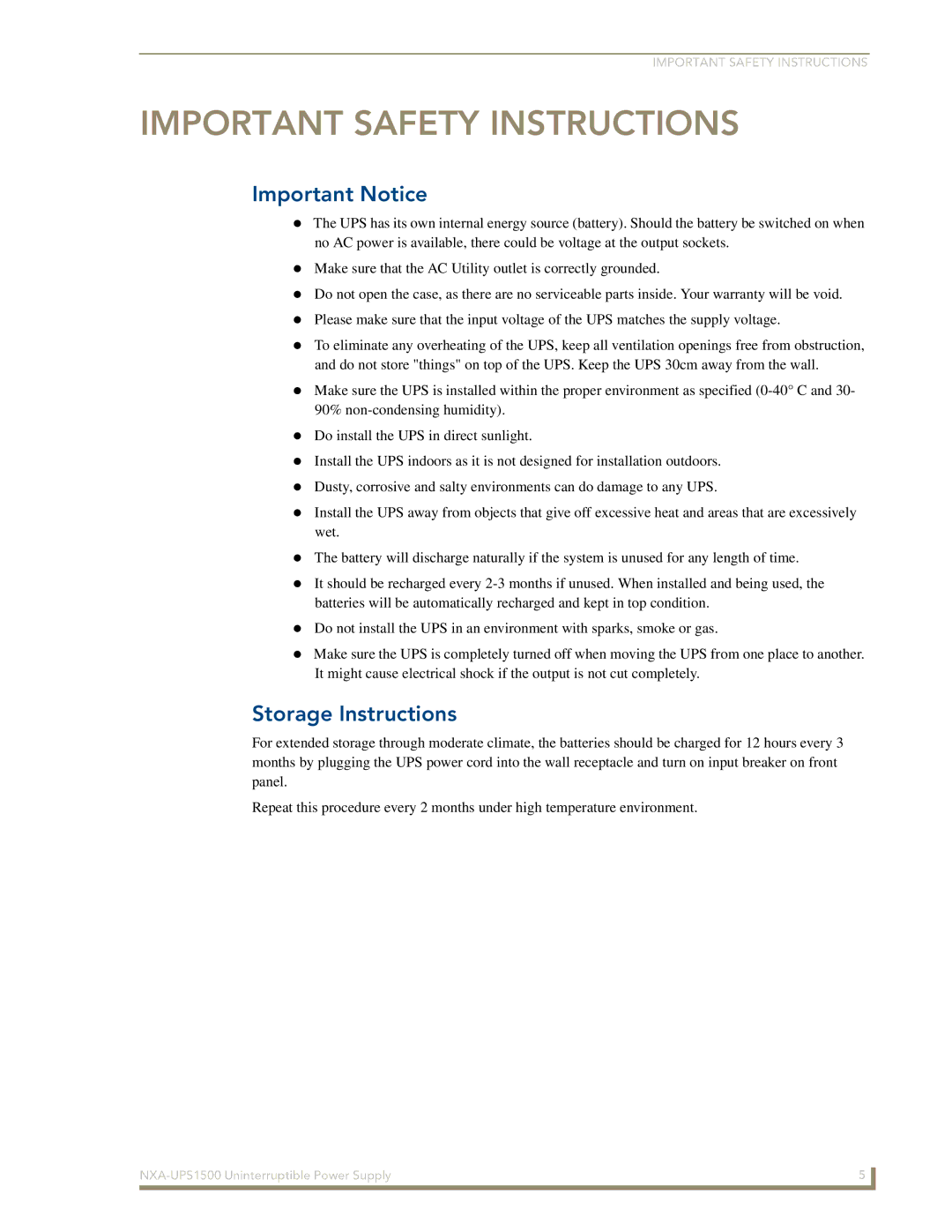 AMX NXA-UPS1500 manual Important Notice, Storage Instructions 