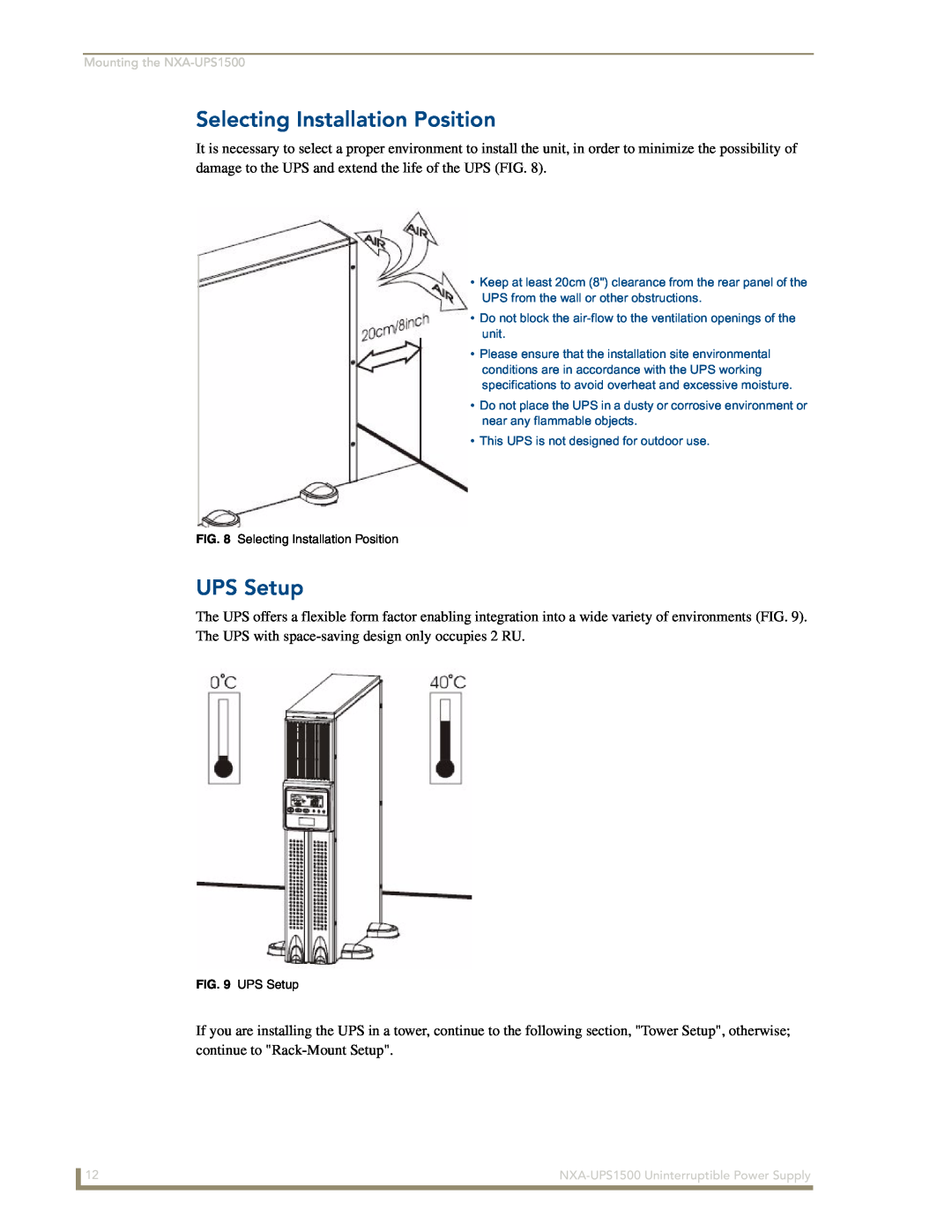 AMX NXA-UPS1500 manual Selecting Installation Position, UPS Setup, This UPS is not designed for outdoor use 