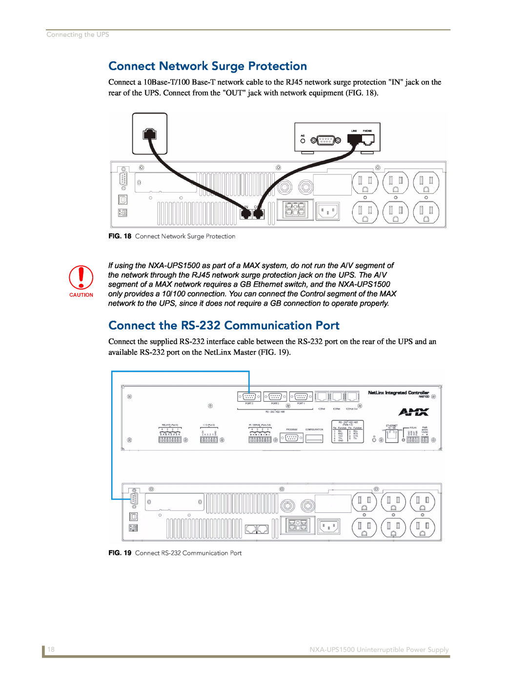 AMX NXA-UPS1500 Connect Network Surge Protection, Connect the RS-232 Communication Port, Connect RS-232 Communication Port 