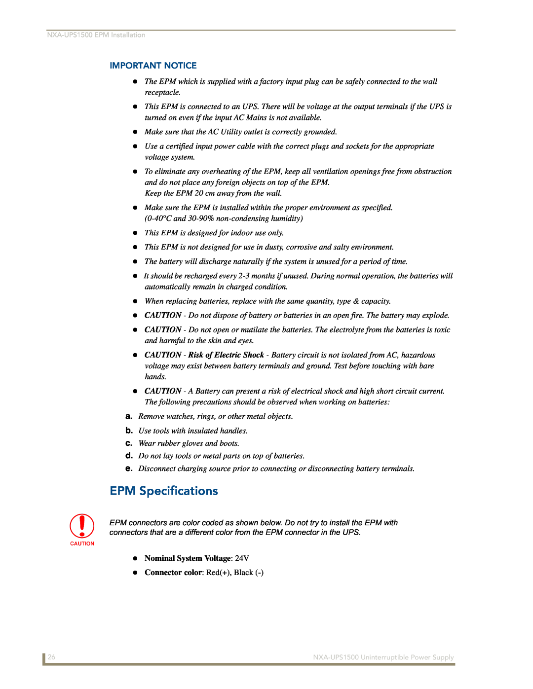 AMX NXA-UPS1500 manual EPM Specifications, Important Notice, Nominal System Voltage 