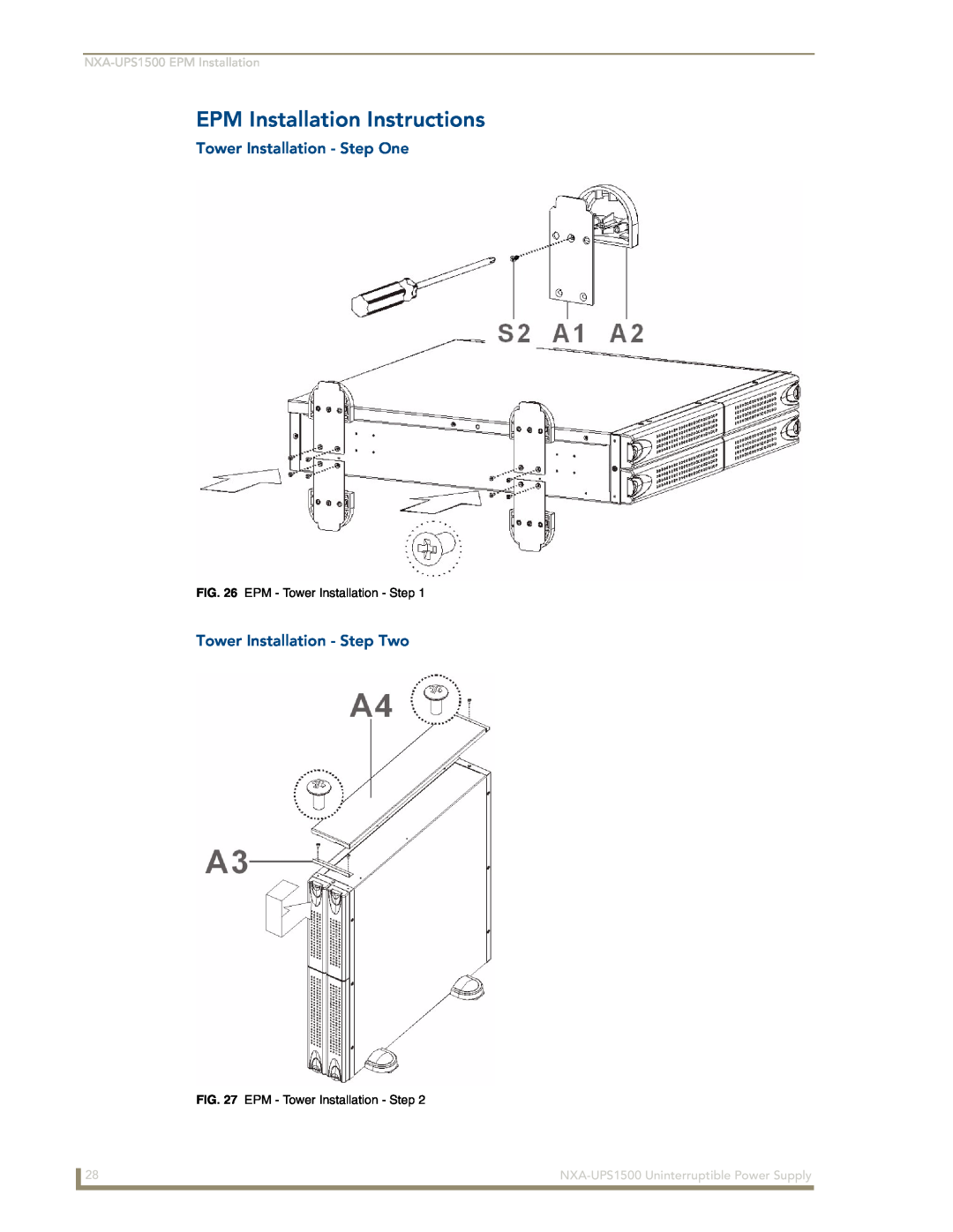AMX NXA-UPS1500 manual EPM Installation Instructions, Tower Installation - Step One, Tower Installation - Step Two 
