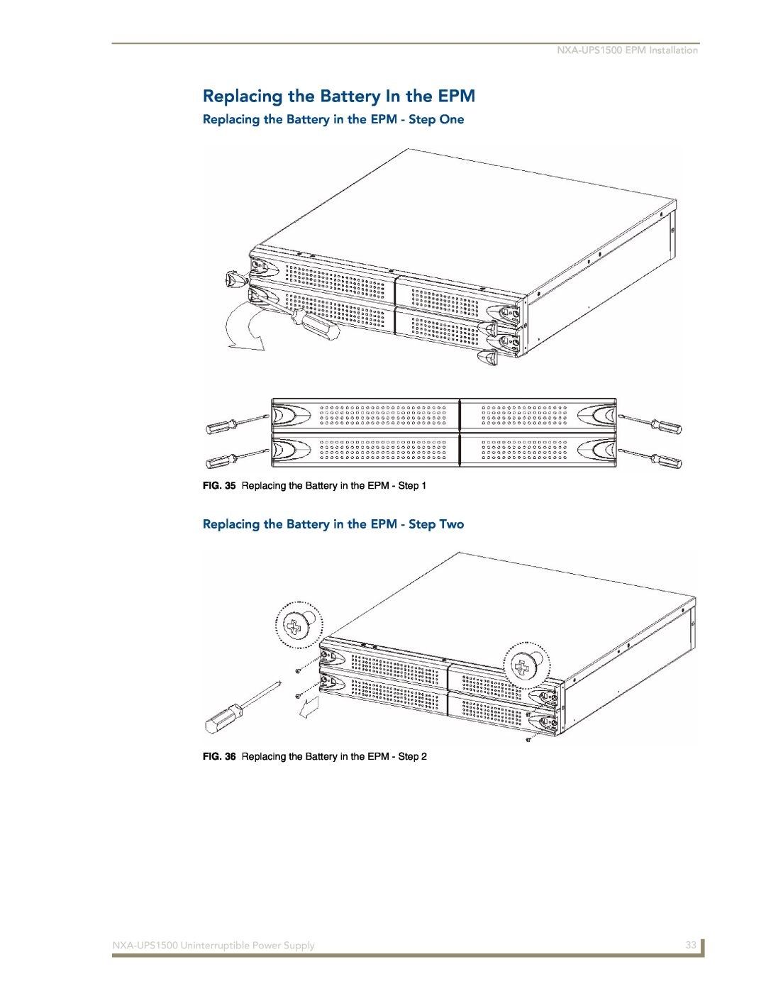 AMX NXA-UPS1500 manual Replacing the Battery In the EPM, Replacing the Battery in the EPM - Step One 