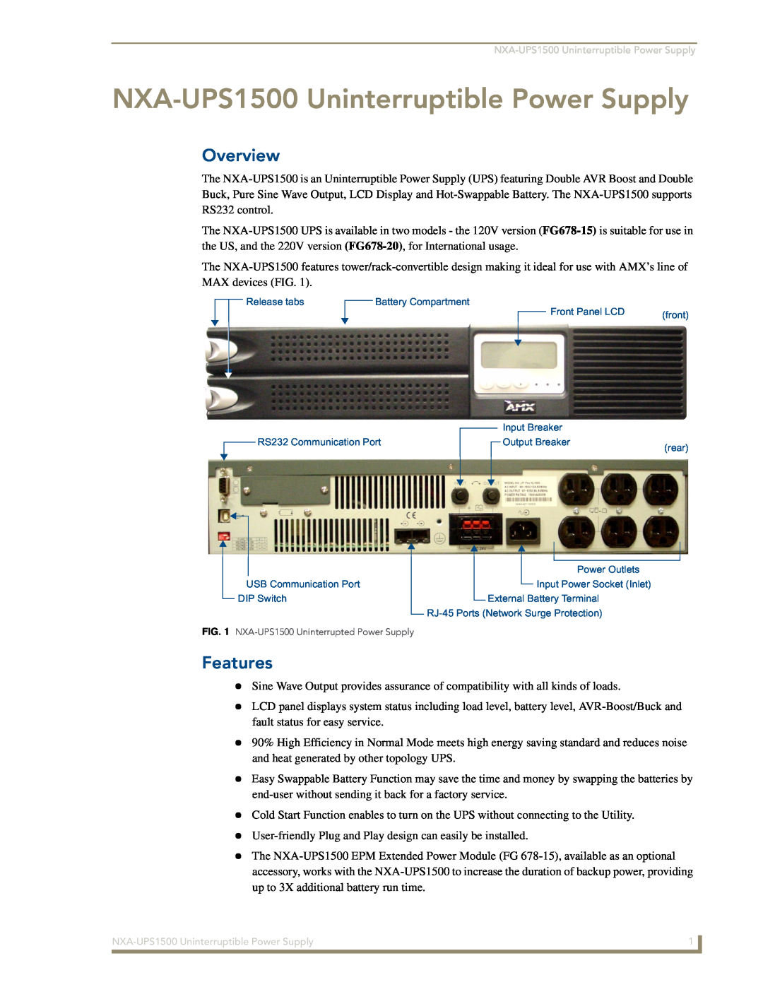 AMX manual NXA-UPS1500 Uninterruptible Power Supply, Overview, Features 