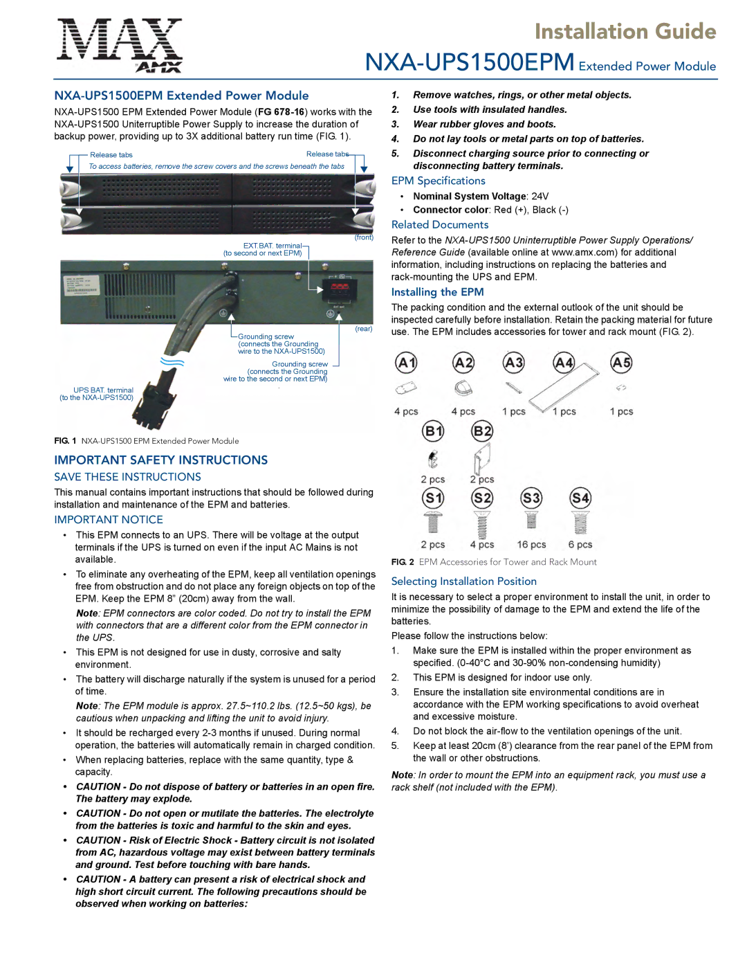 AMX NXA-UPS1500EPM important safety instructions EPM Specifications, Related Documents, Installing the EPM 