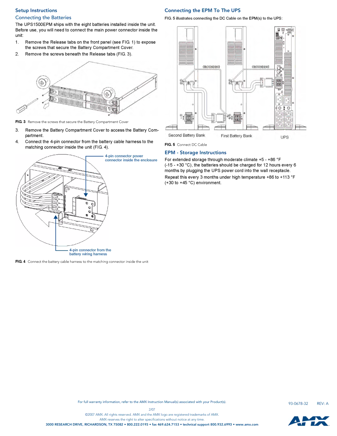 AMX NXA-UPS1500EPM Setup Instructions Connecting the Batteries, Connecting the EPM To The UPS, EPM Storage Instructions 