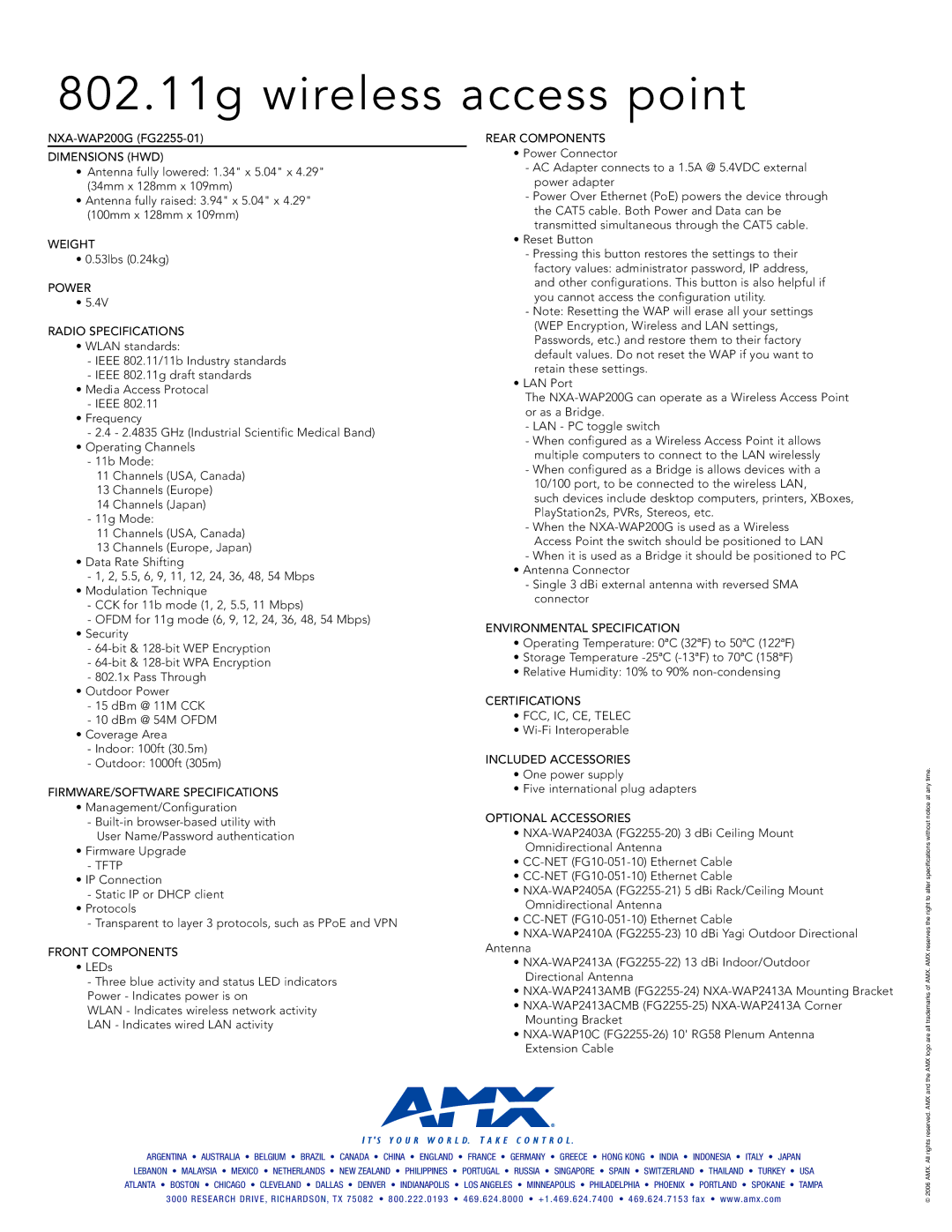 AMX NXA-WAP200G manual Dimensions HWD, Weight, Power Radio Specifications, FIRMWARE/SOFTWARE Specifications, Tftp 