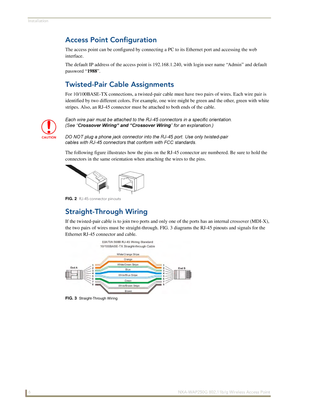 AMX NXA-WAP250G manual Access Point Configuration, Twisted-Pair Cable Assignments, Straight-Through Wiring 