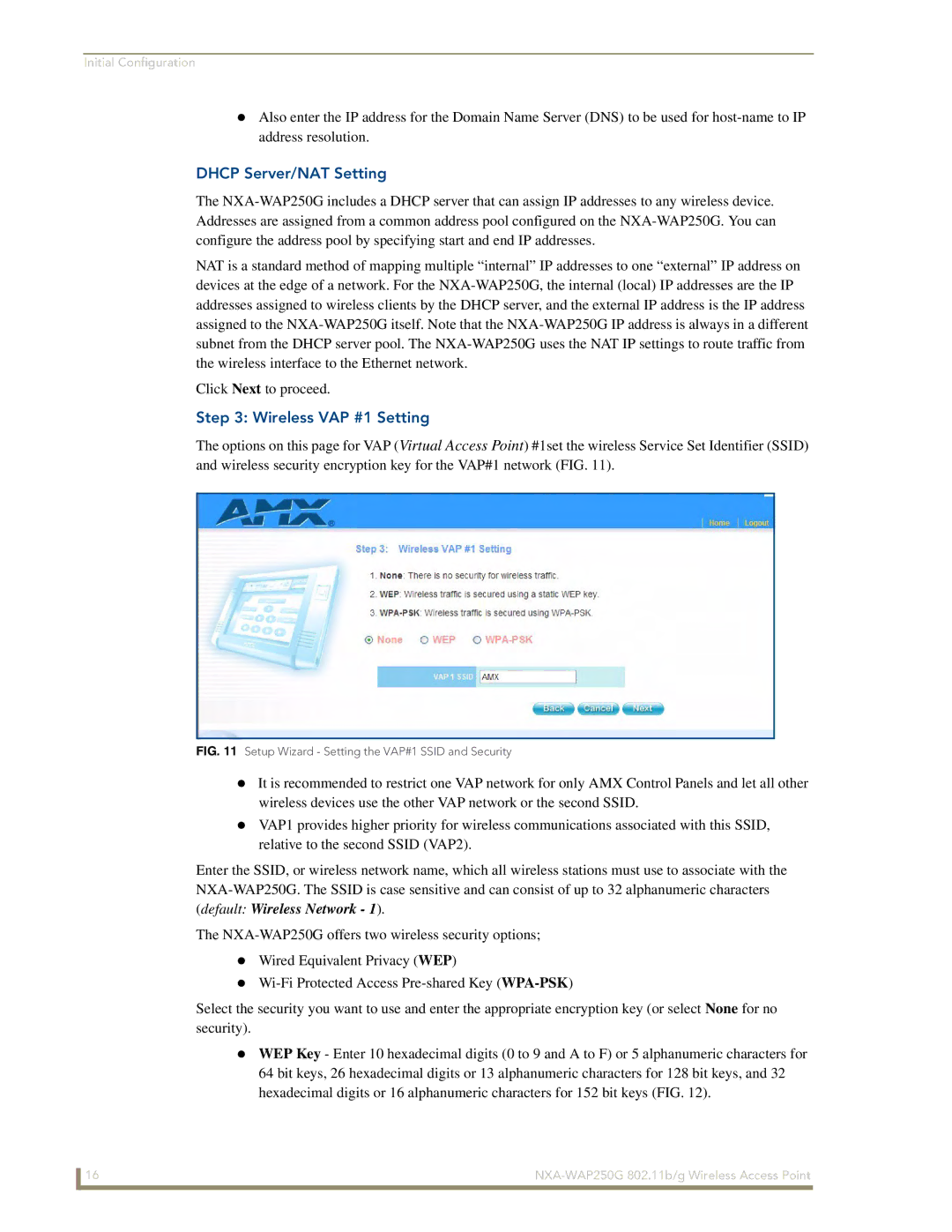 AMX NXA-WAP250G manual Dhcp Server/NAT Setting, Wireless VAP #1 Setting 