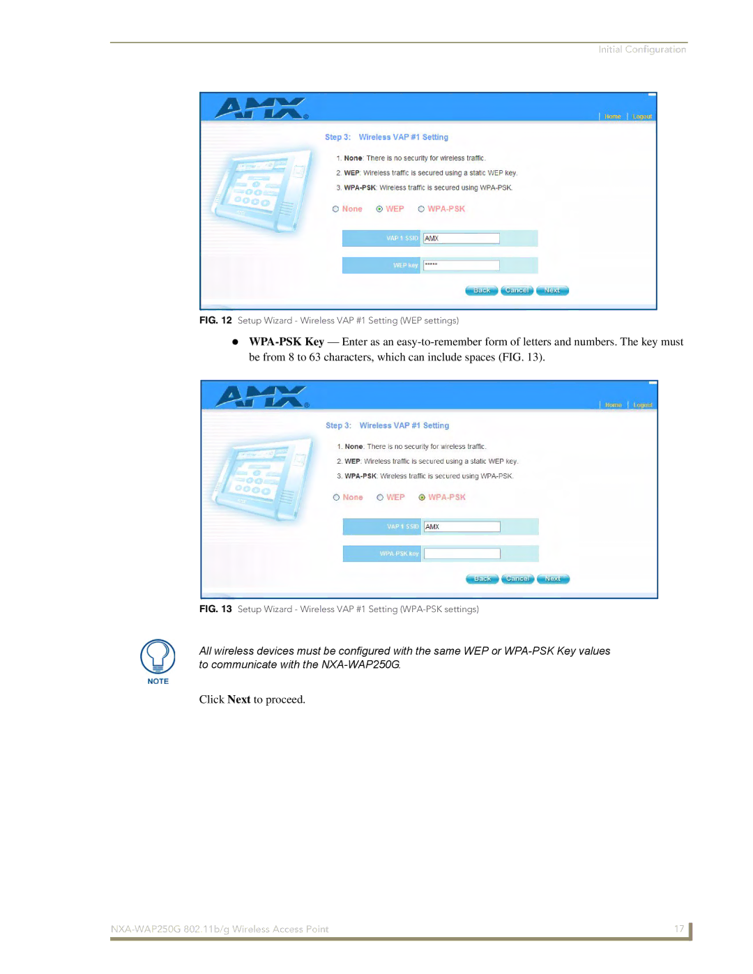 AMX NXA-WAP250G manual Setup Wizard Wireless VAP #1 Setting WEP settings 