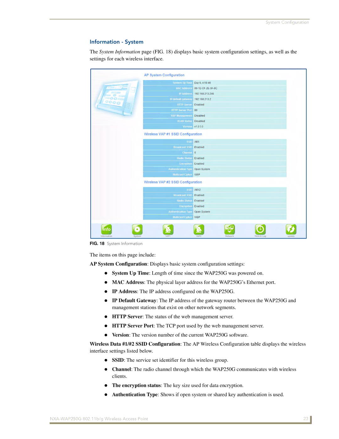 AMX NXA-WAP250G manual Information System, System Information 