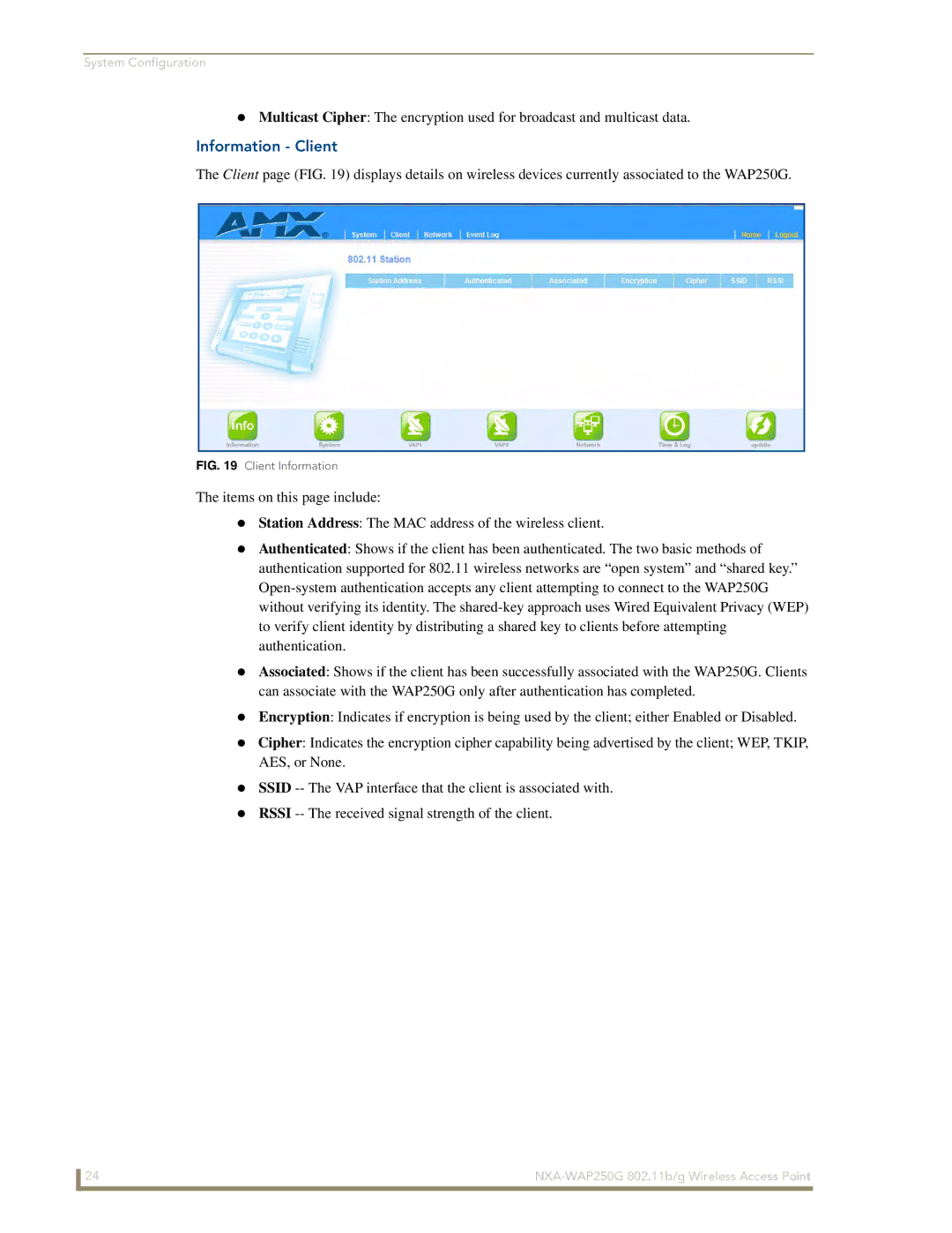 AMX NXA-WAP250G manual Information Client, Client Information 