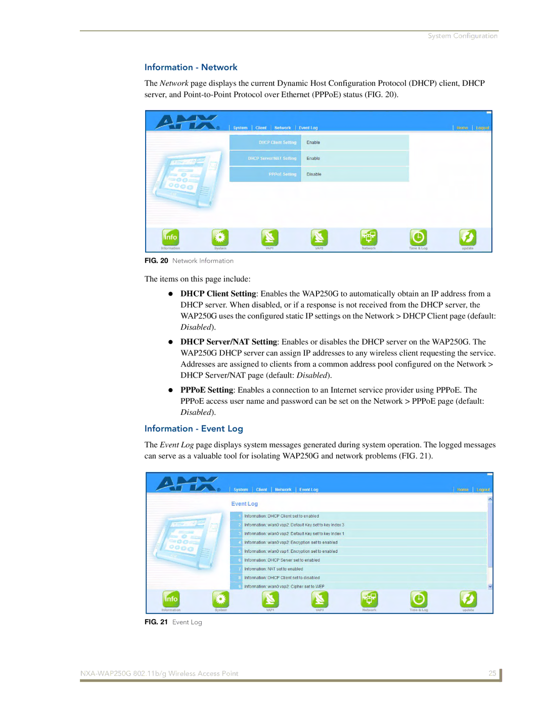 AMX NXA-WAP250G manual Information Network, Information Event Log 