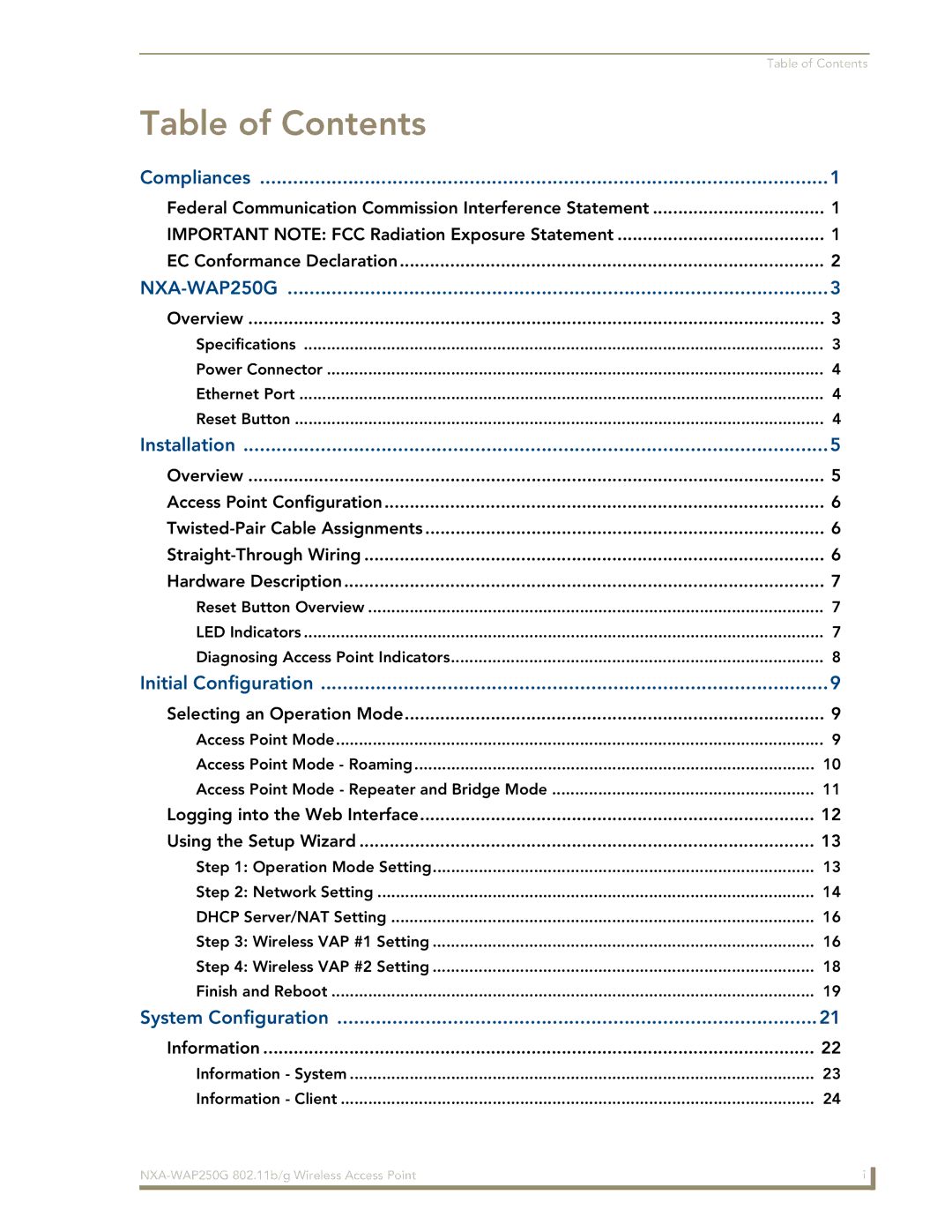 AMX NXA-WAP250G manual Table of Contents 