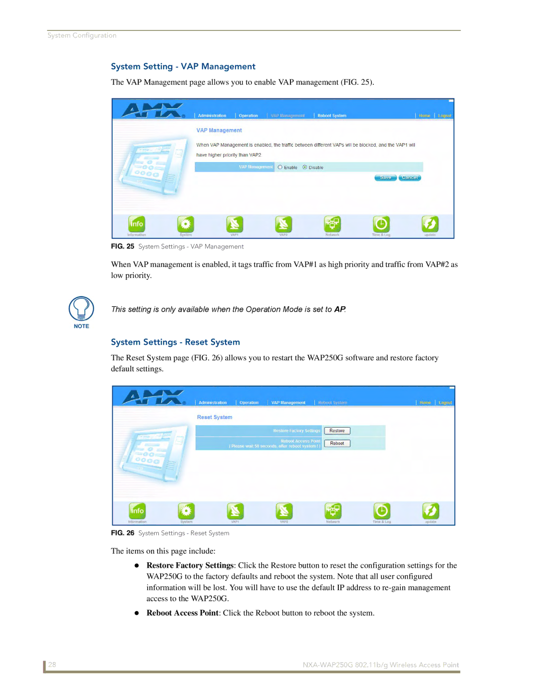 AMX NXA-WAP250G manual System Setting VAP Management, System Settings Reset System 