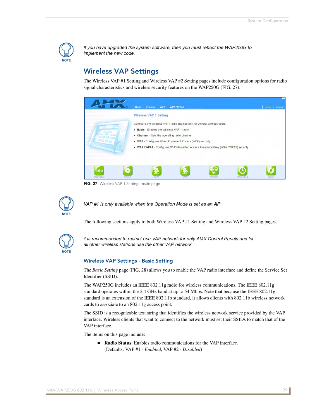 AMX NXA-WAP250G manual Wireless VAP Settings Basic Setting 