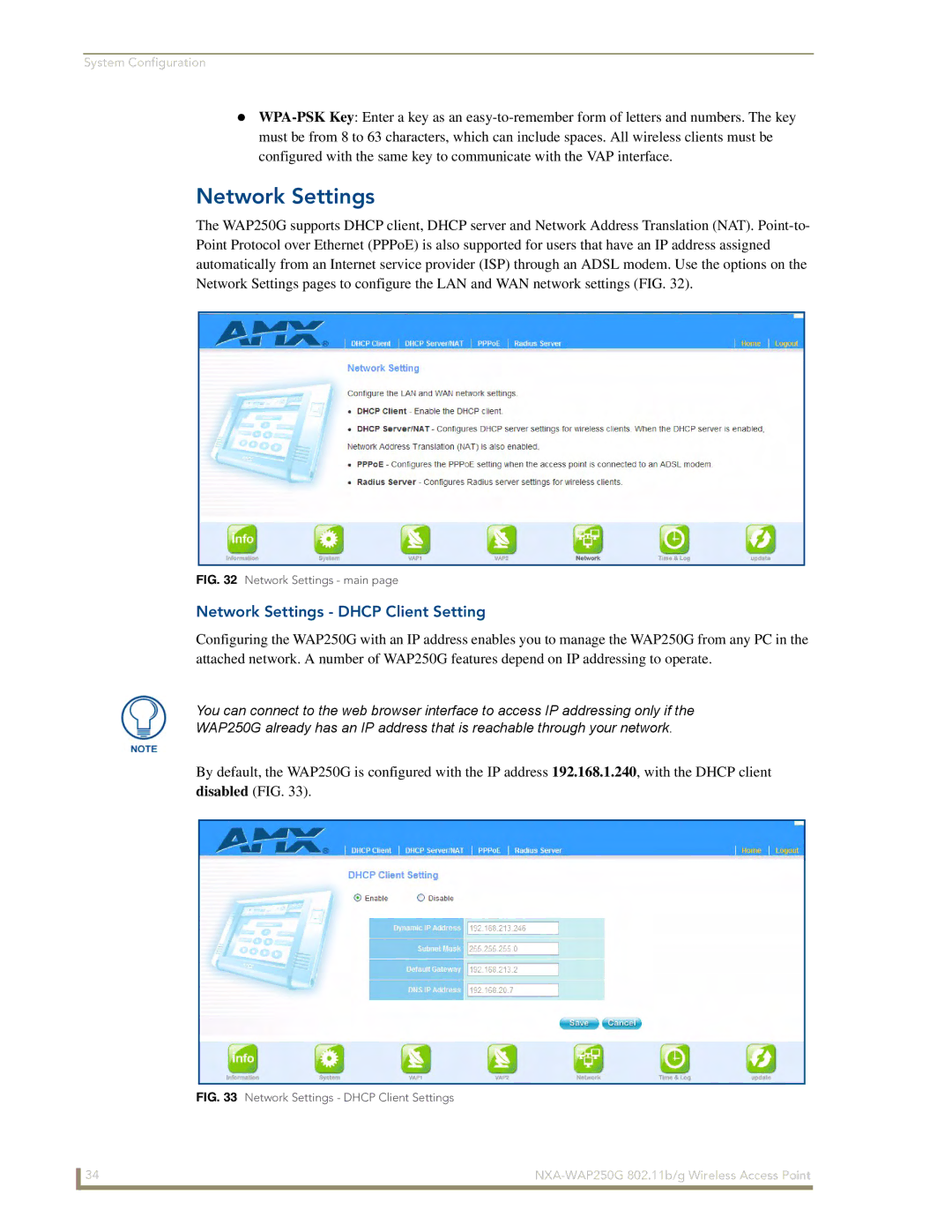 AMX NXA-WAP250G manual Network Settings Dhcp Client Setting 