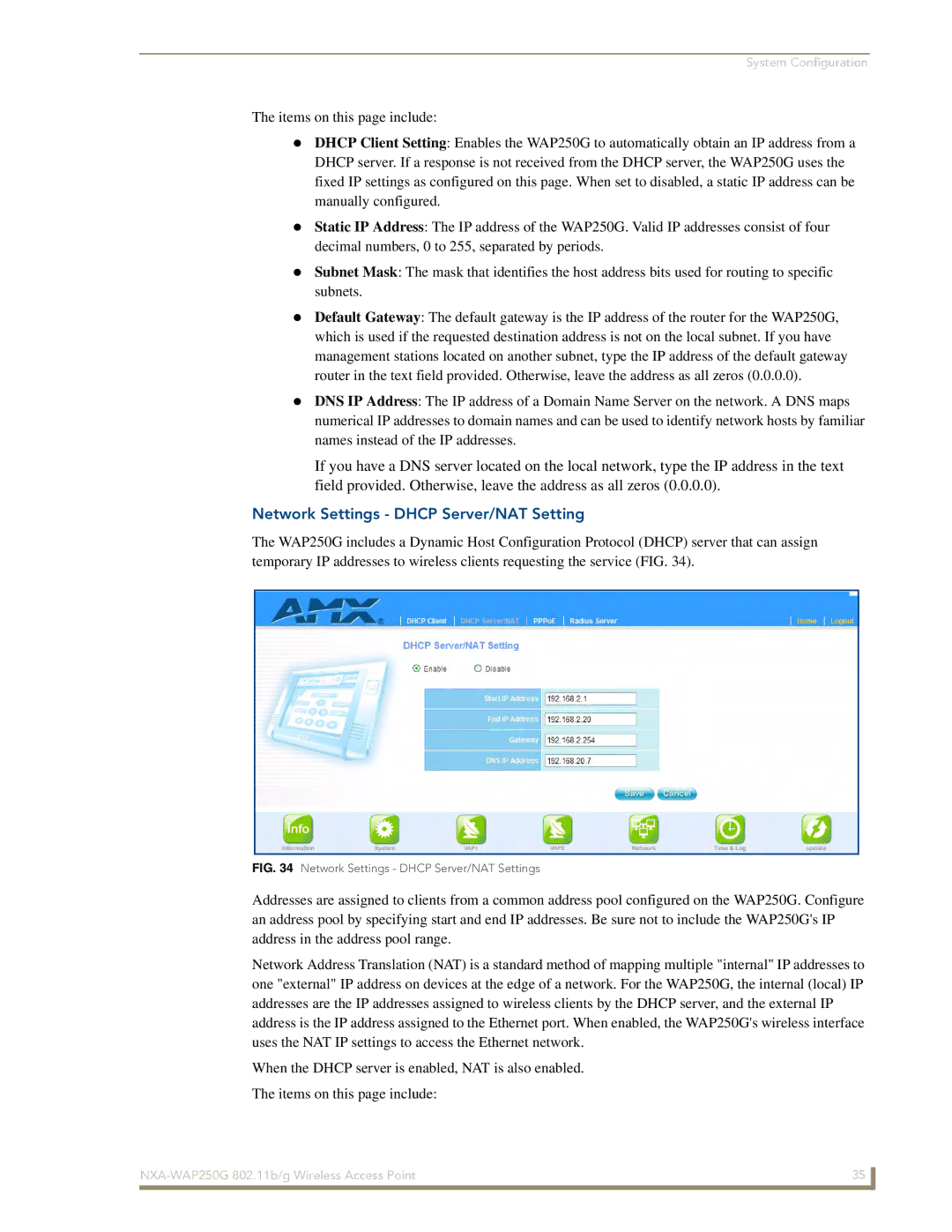 AMX NXA-WAP250G manual Network Settings Dhcp Server/NAT Settings 