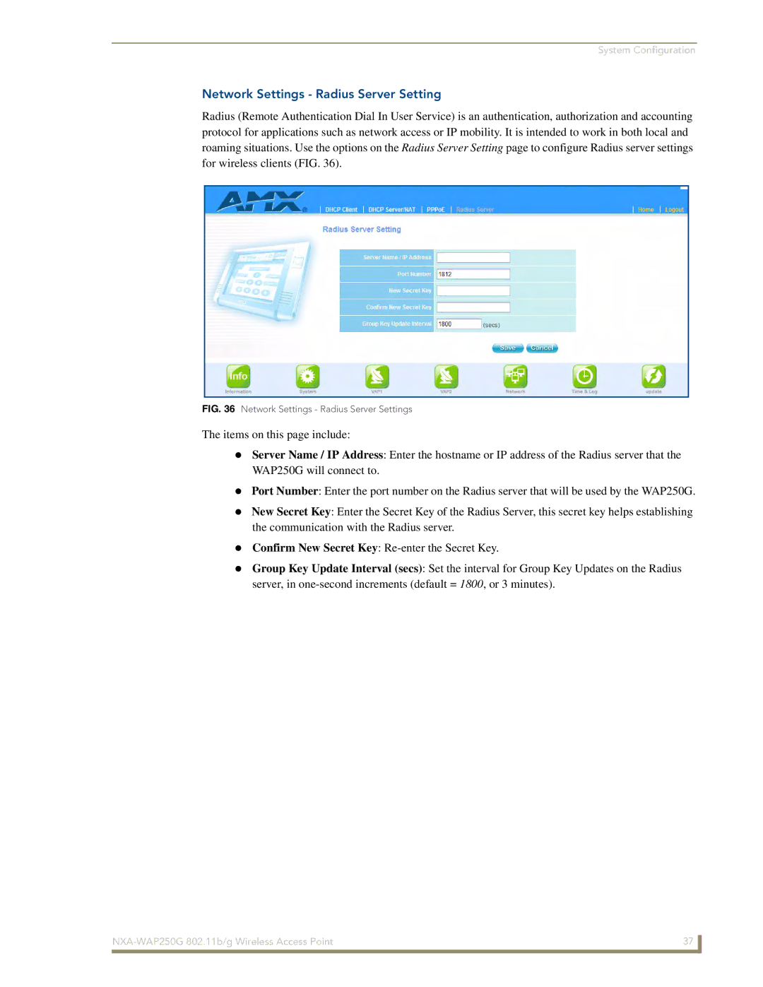 AMX NXA-WAP250G manual Network Settings Radius Server Settings 