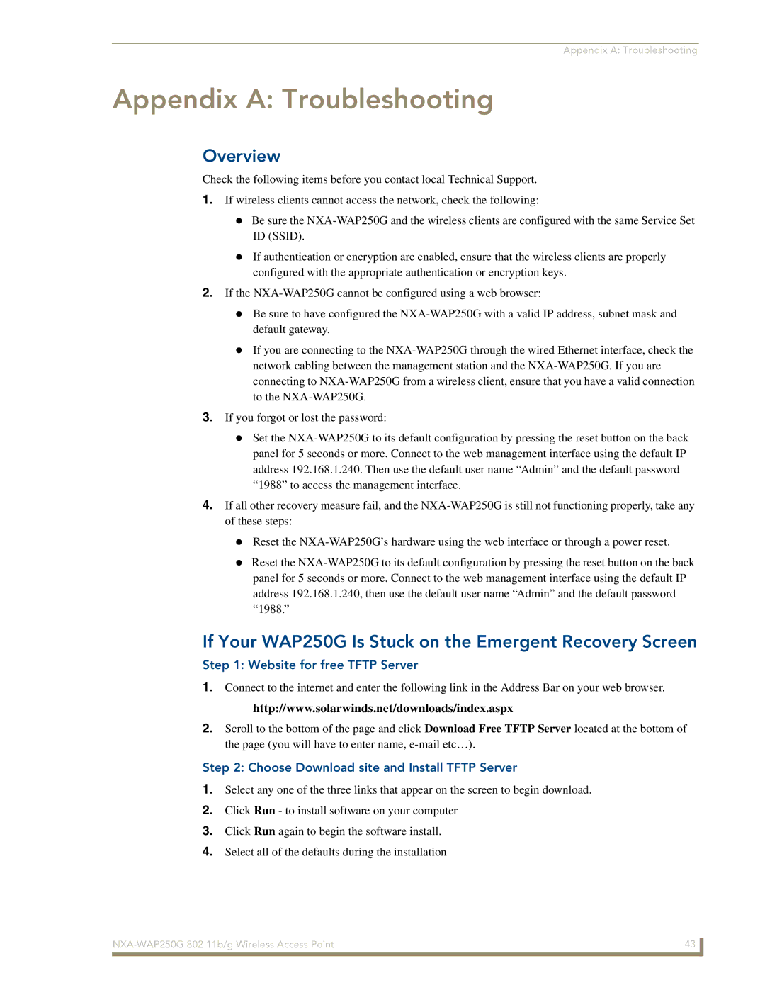 AMX NXA-WAP250G manual If Your WAP250G Is Stuck on the Emergent Recovery Screen, Website for free Tftp Server 