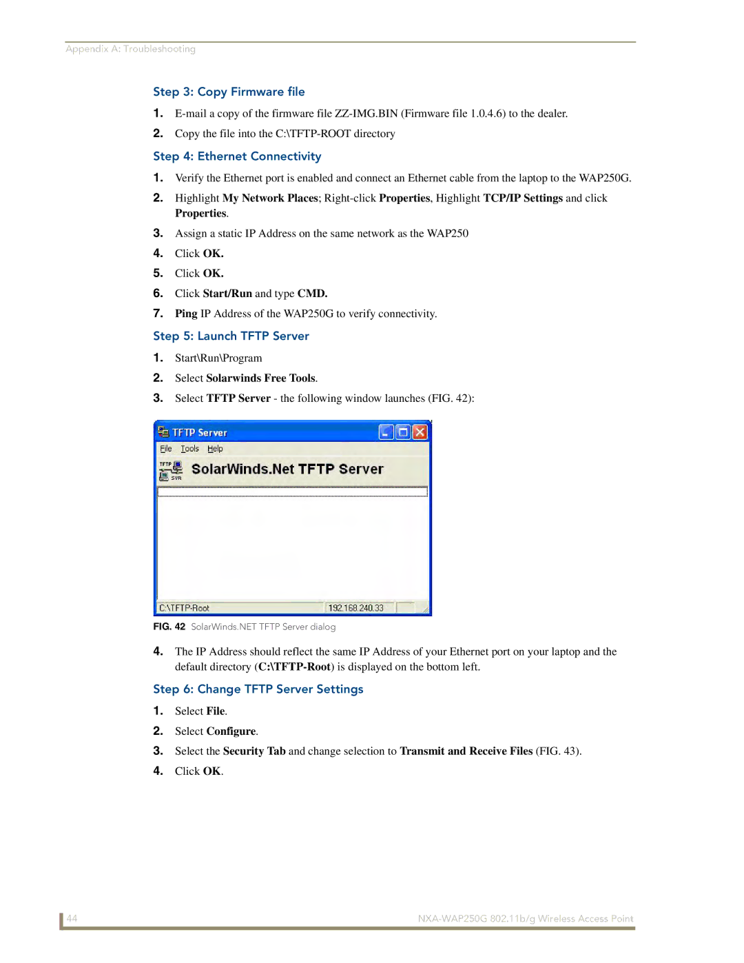 AMX NXA-WAP250G manual Copy Firmware file, Ethernet Connectivity, Launch Tftp Server, Change Tftp Server Settings 