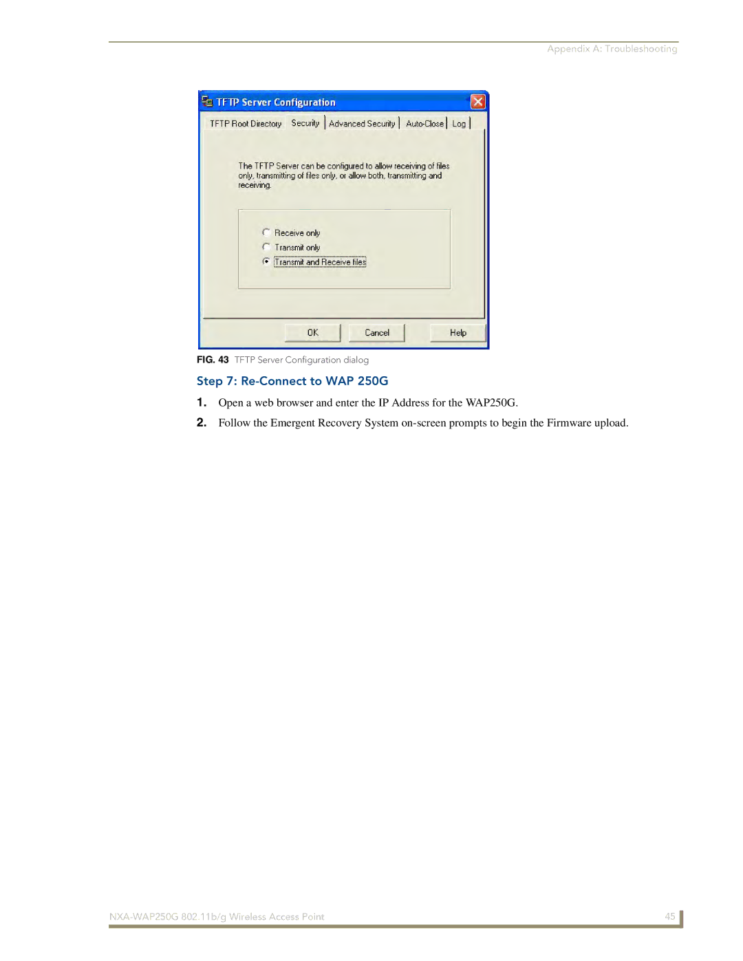 AMX NXA-WAP250G manual Re-Connect to WAP 250G, Tftp Server Configuration dialog 