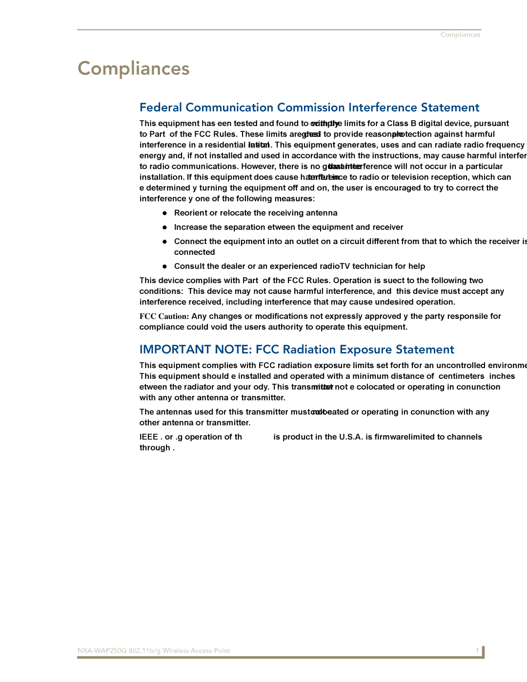 AMX NXA-WAP250G Federal Communication Commission Interference Statement, Important Note FCC Radiation Exposure Statement 