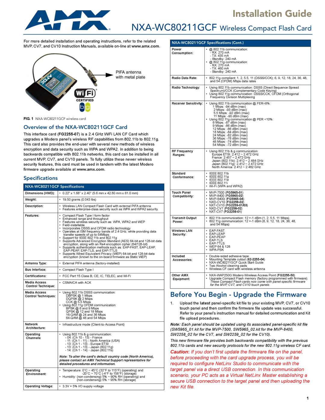 AMX specifications Overview of the NXA-WC80211GCF Card Specifications, Pifa antenna with metal plate 