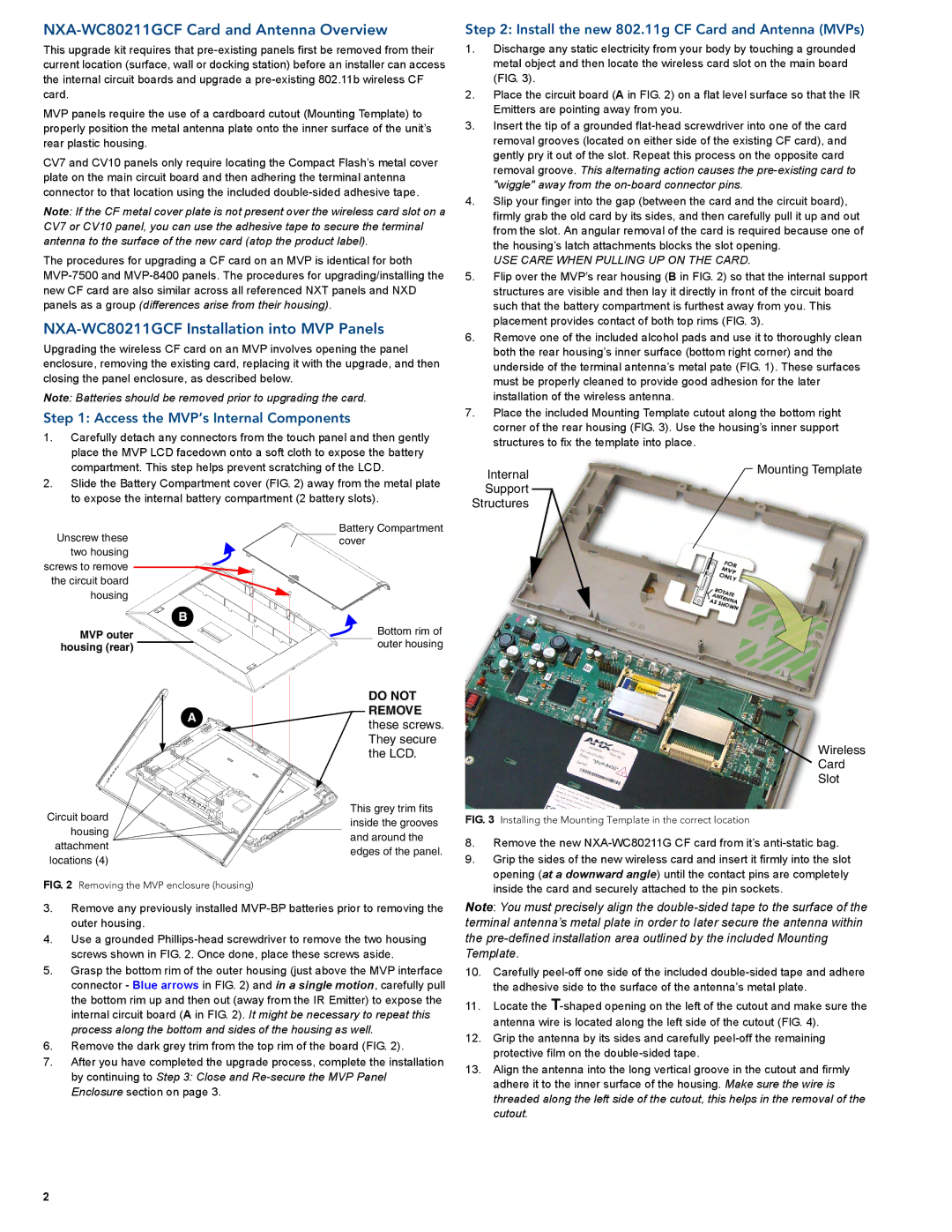 AMX specifications NXA-WC80211GCF Card and Antenna Overview, NXA-WC80211GCF Installation into MVP Panels 