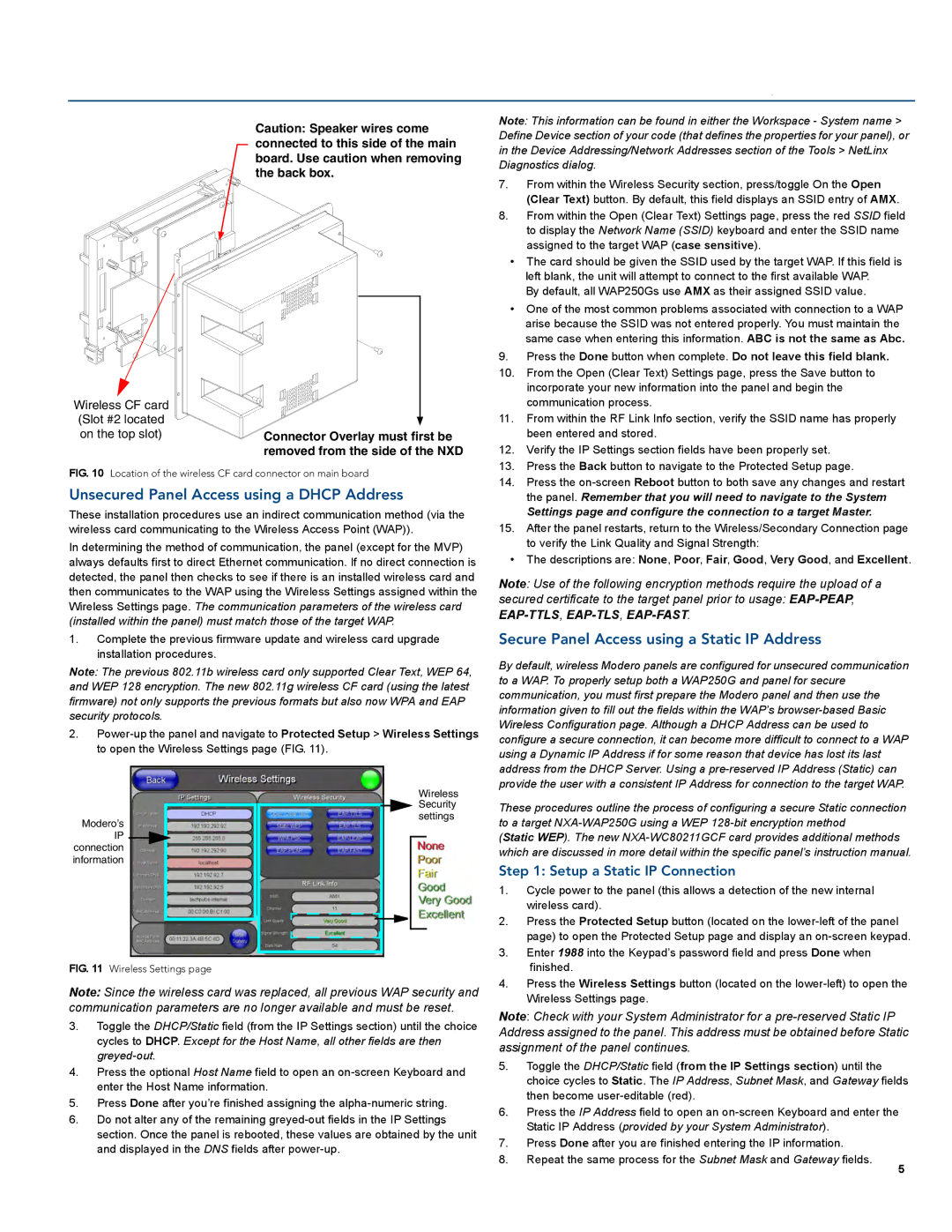 AMX NXA-WC80211GCF Unsecured Panel Access using a Dhcp Address, Secure Panel Access using a Static IP Address 