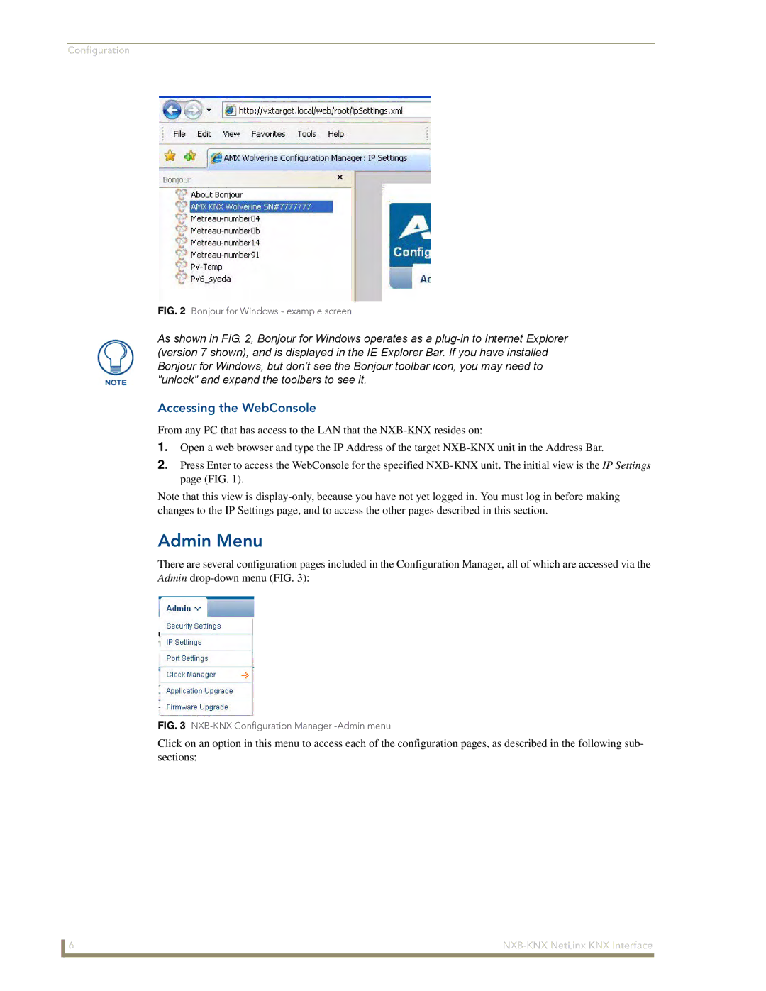 AMX NXB-KNX manual Admin Menu, Accessing the WebConsole 