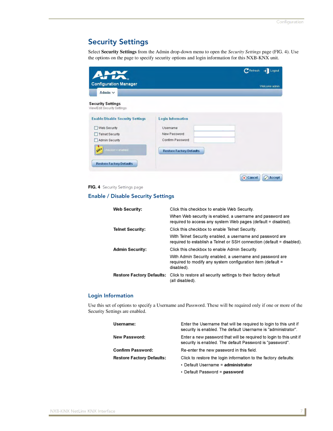 AMX NXB-KNX manual Enable / Disable Security Settings, Login Information 