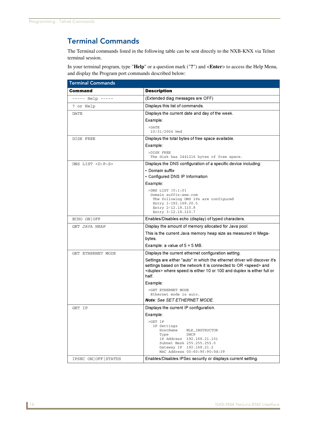 AMX NXB-KNX manual Terminal Commands 