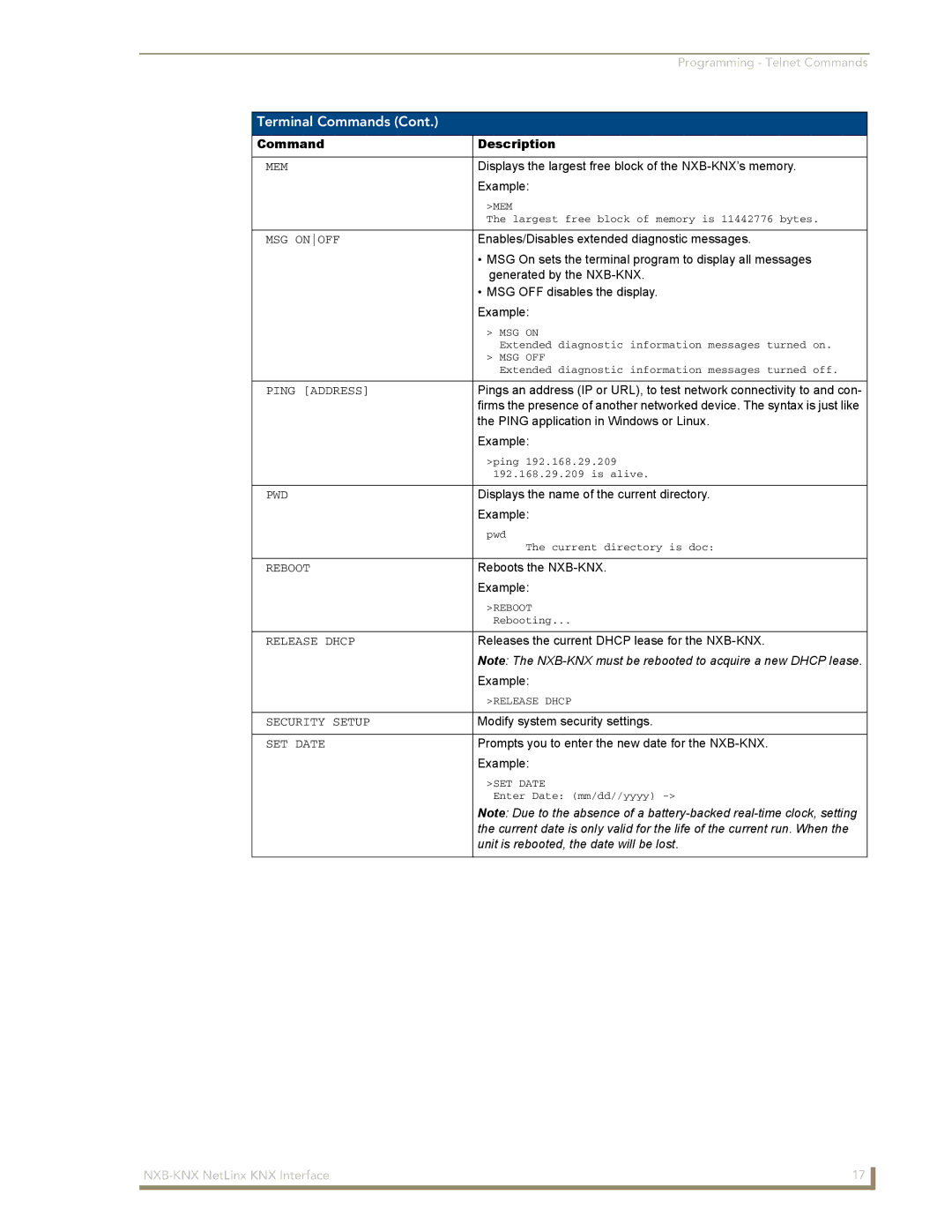 AMX NXB-KNX manual Mem, MSG Onoff, Ping Address, Pwd, Reboot, Release Dhcp, Security Setup, SET Date 