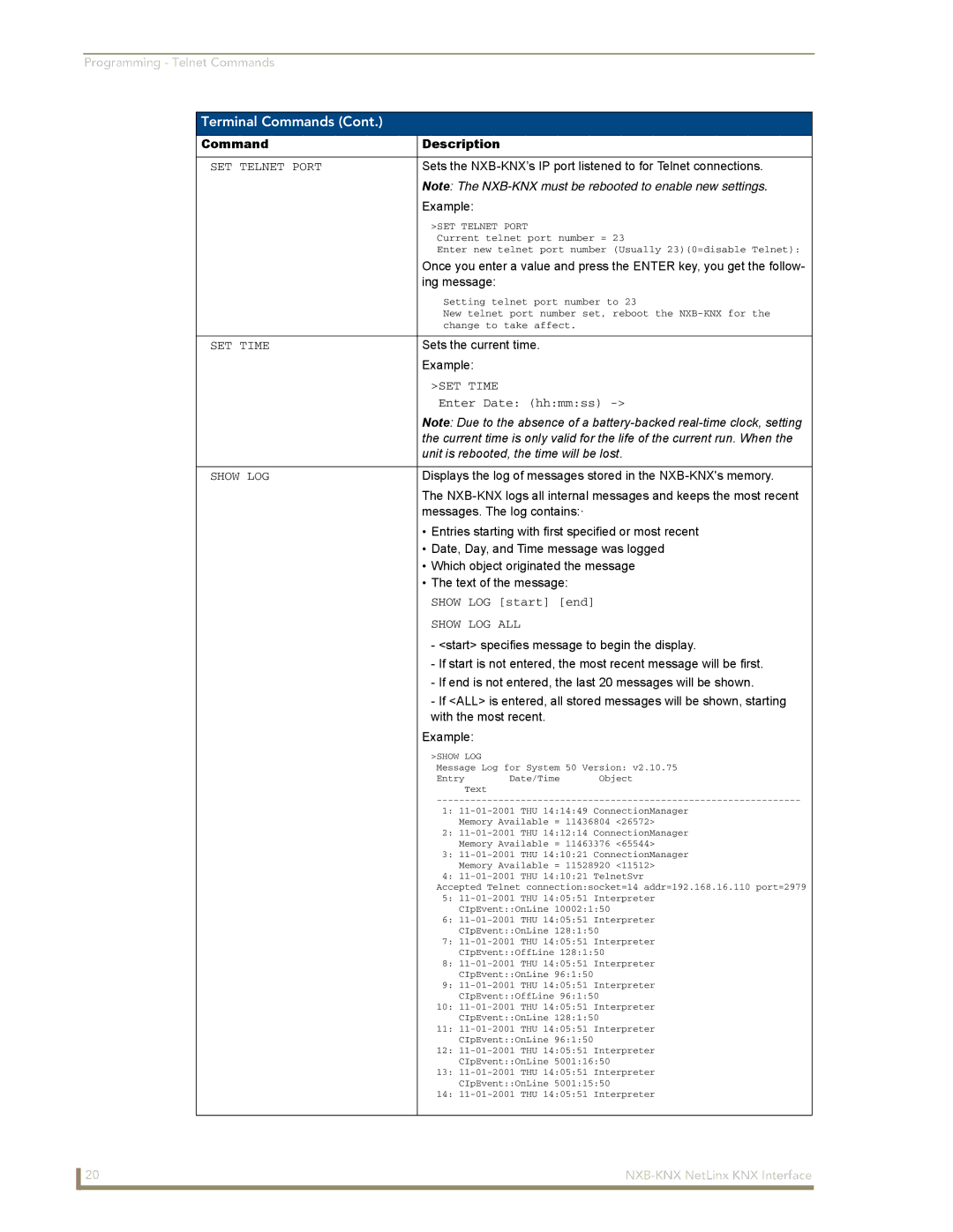 AMX NXB-KNX manual SET Telnet Port, SET Time, Show LOG ALL 