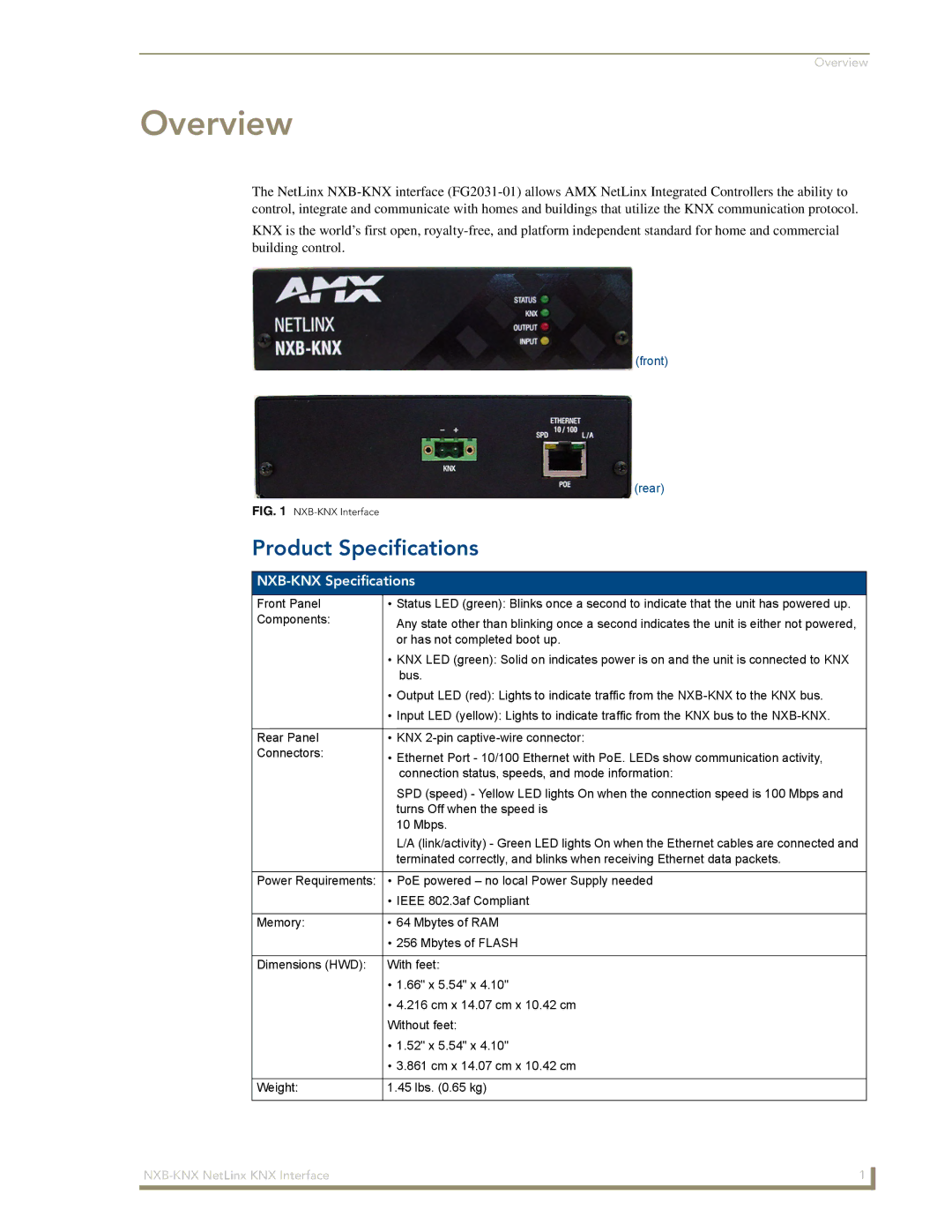 AMX NXB-KNX manual Overview, Product Specifications 