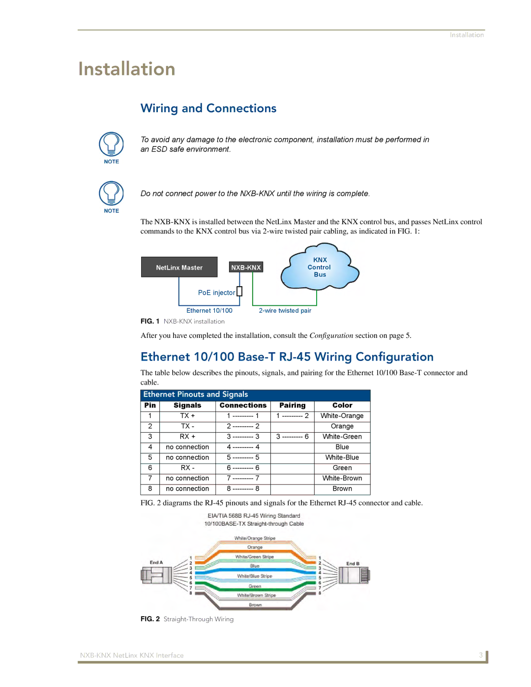 AMX NXB-KNX manual Installation, Wiring and Connections, Ethernet 10/100 Base-T RJ-45 Wiring Configuration 