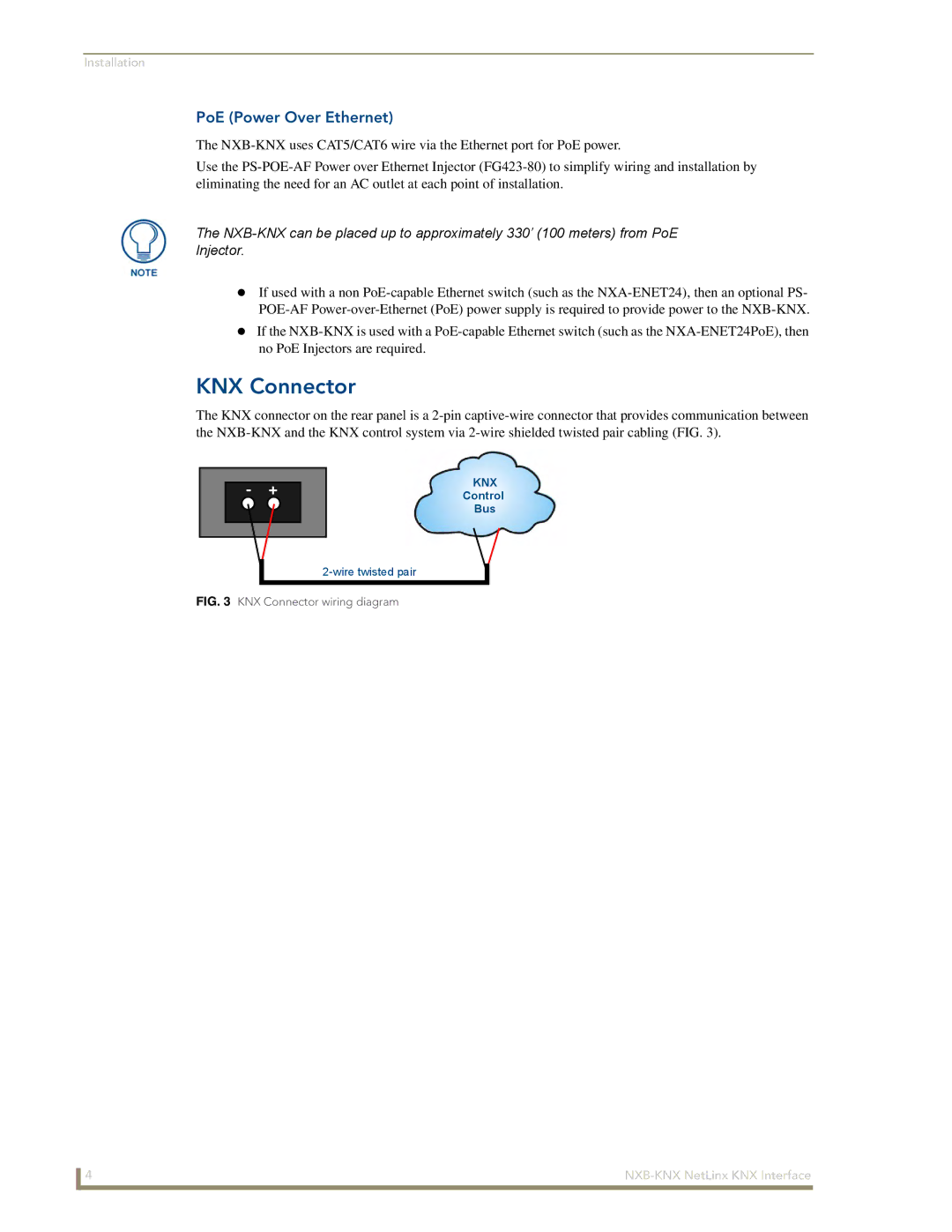 AMX NXB-KNX manual KNX Connector, PoE Power Over Ethernet 