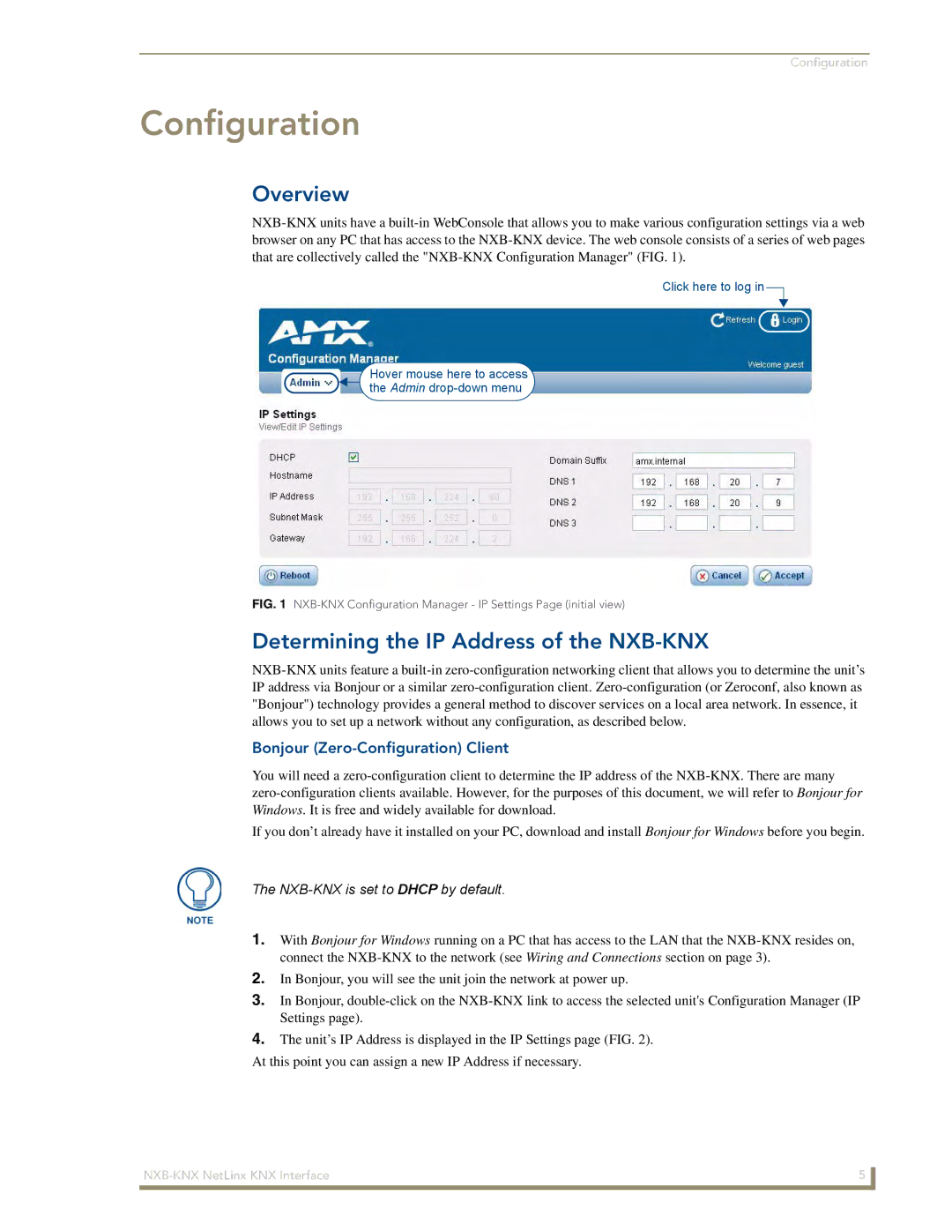 AMX manual Overview, Determining the IP Address of the NXB-KNX, Bonjour Zero-Configuration Client 