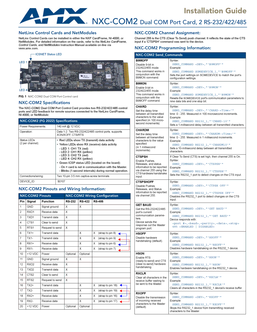 AMX NXC-COM2 specifications B9MOFF, B9MON, Chardm, Ctspshoff, GET Baud, Hsoff, Hson, Rxclr, Rxoff 