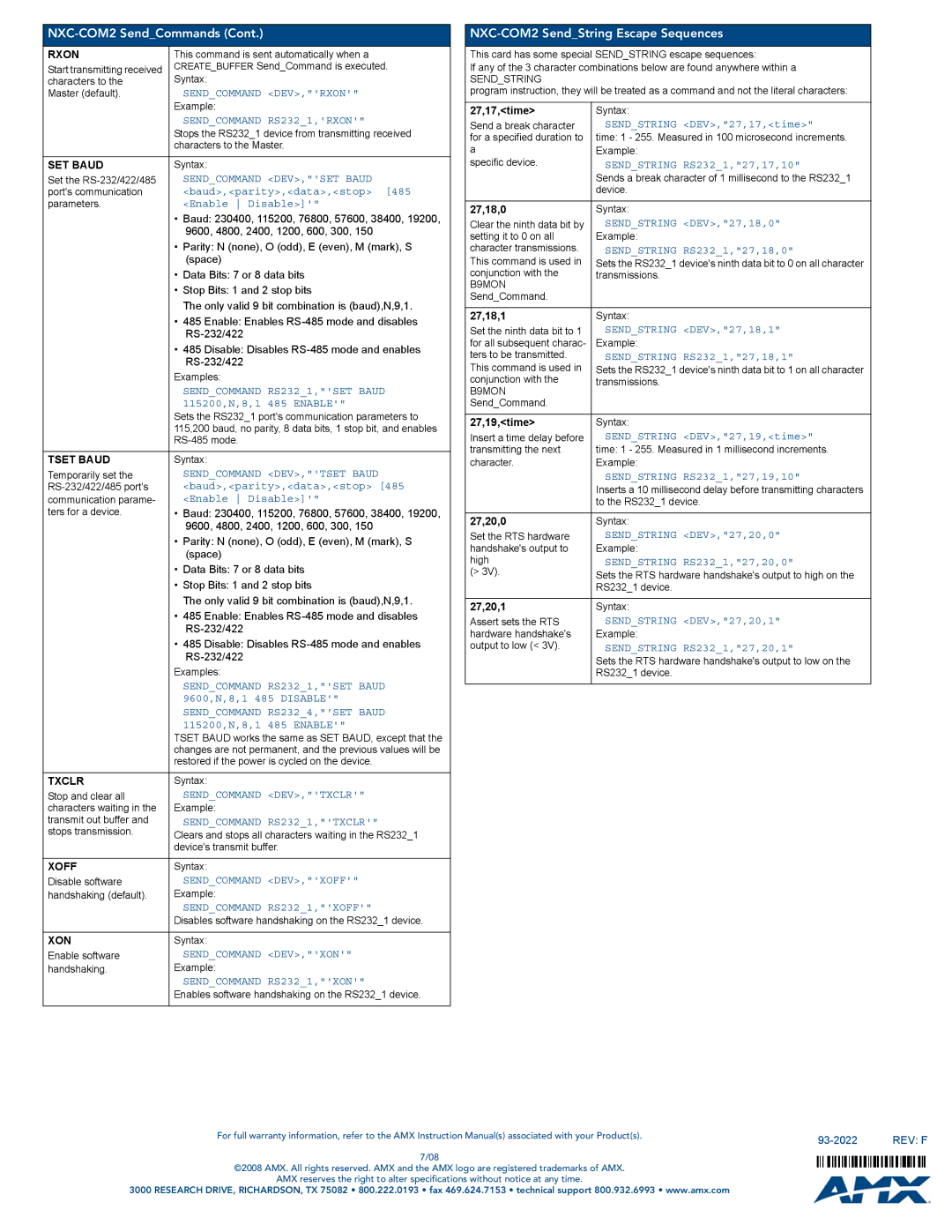 AMX NXC-COM2 specifications Rxon, SET Baud, Tset Baud, Txclr, Xoff, Xon 