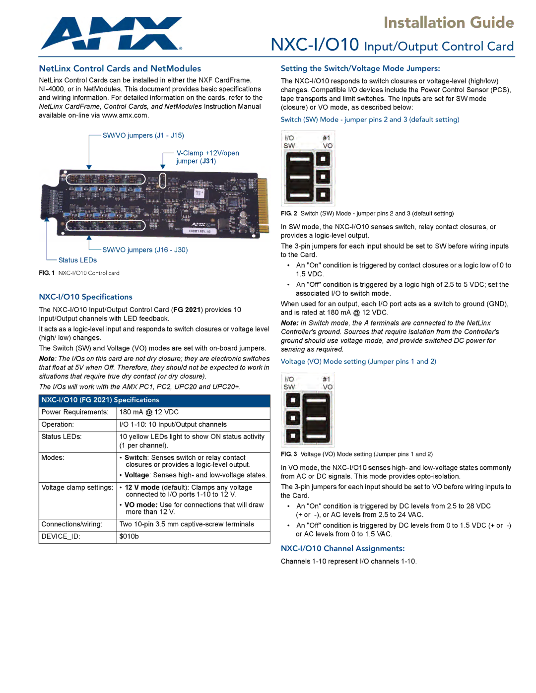 AMX specifications Setting the Switch/Voltage Mode Jumpers, NXC-I/O10 Specifications, NXC-I/O10 Channel Assignments 