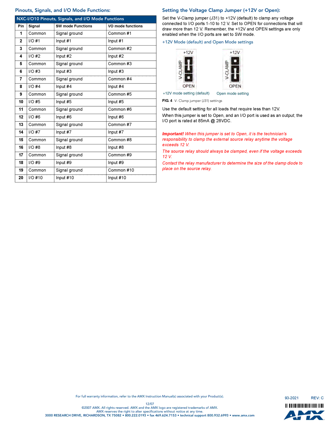 AMX NXC-I/O10 specifications Pinouts, Signals, and I/O Mode Functions, Setting the Voltage Clamp Jumper +12V or Open 