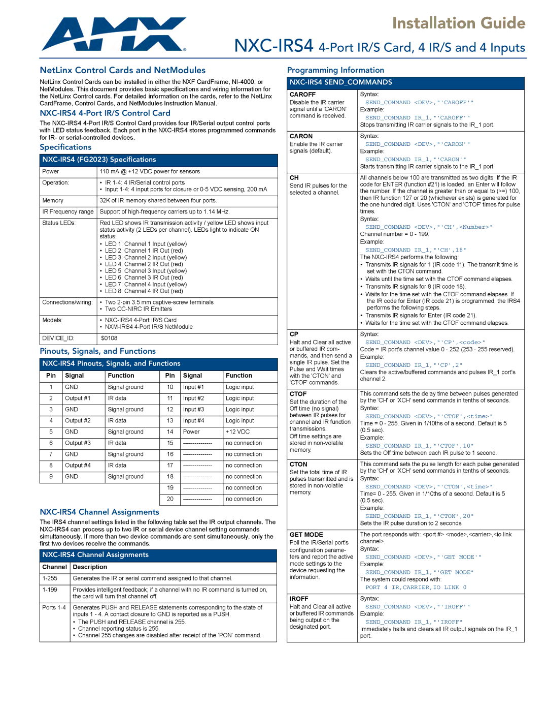 AMX specifications NXC-IRS4 4-Port IR/S Control Card, Specifications, Pinouts, Signals, and Functions 