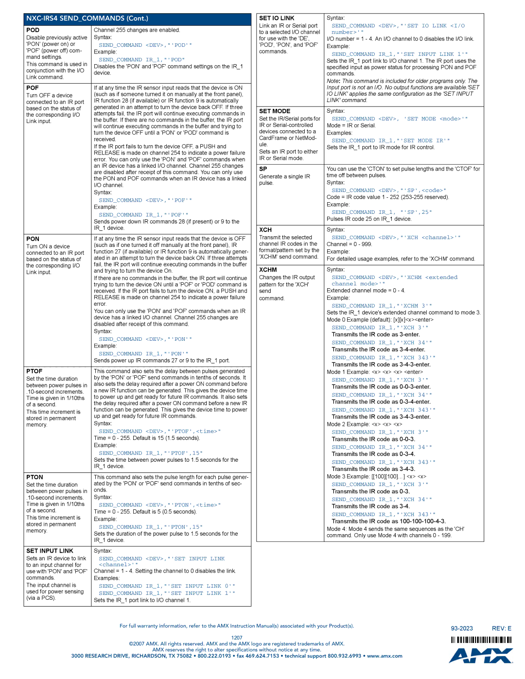 AMX NXC-IRS4 specifications SET IO Link, Pod, Pof, SET Mode, Pon, Xchm, Ptof, Pton, SET Input Link 